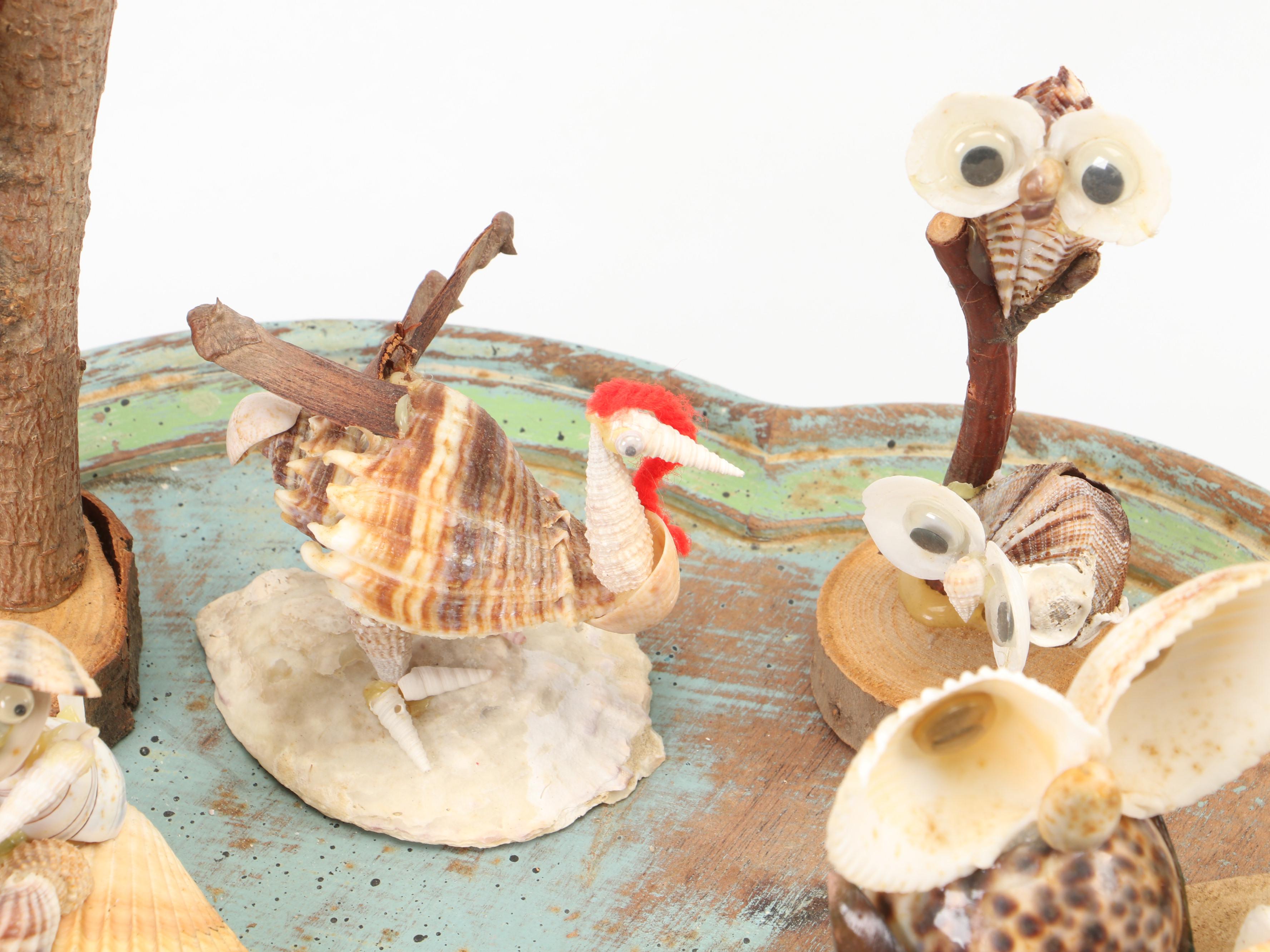Marine Folk Art Seashell Creature Collection with Rotating Pedestal Stand