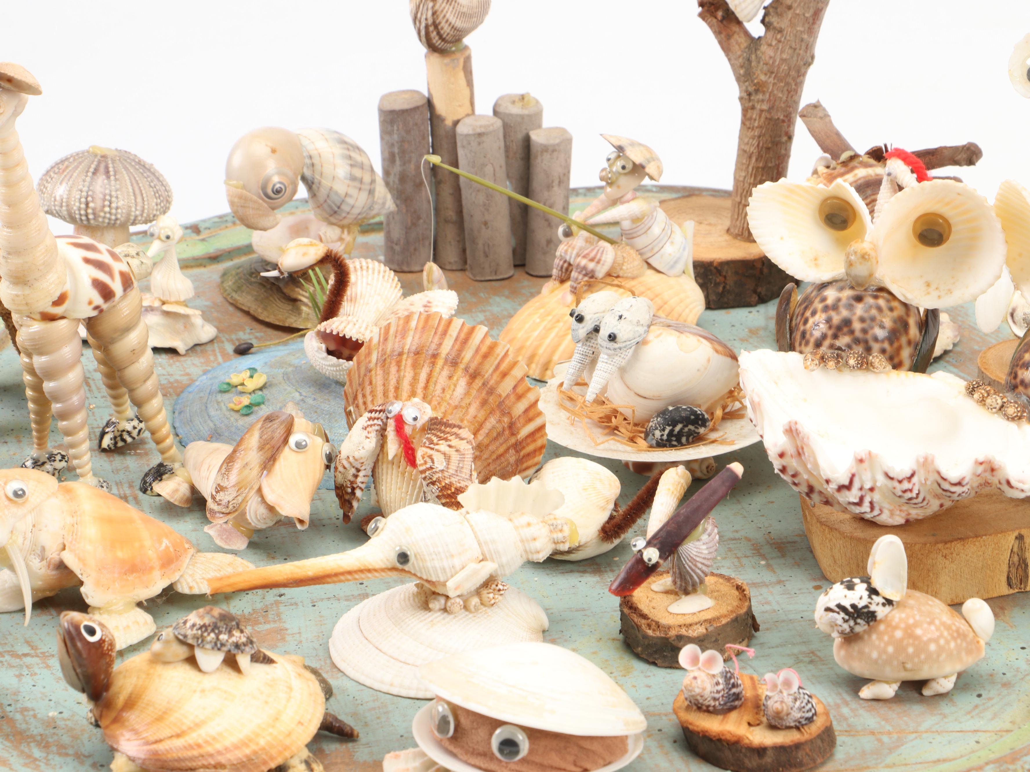 Marine Folk Art Seashell Creature Collection with Rotating Pedestal Stand
