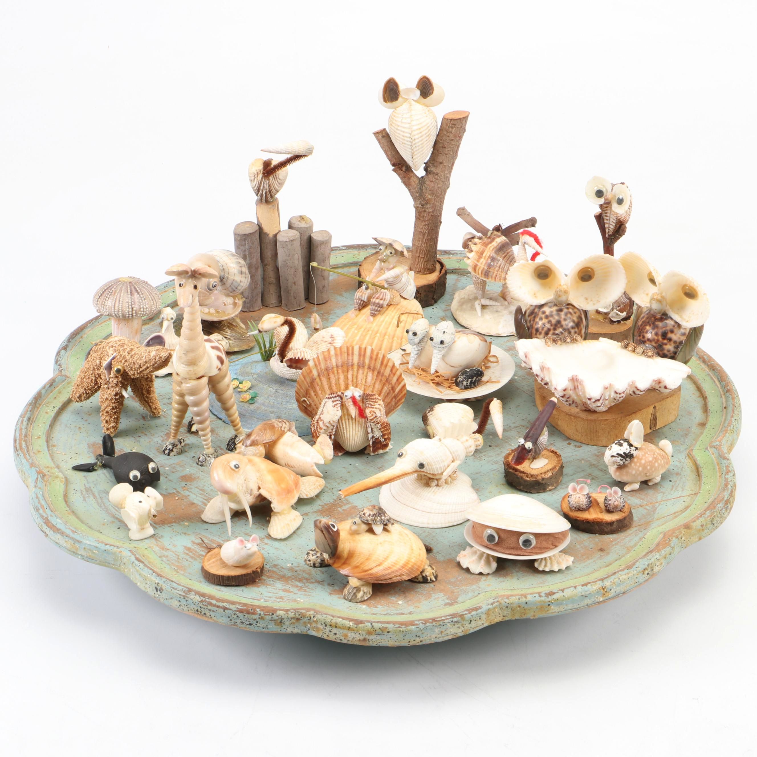 Marine Folk Art Seashell Creature Collection with Rotating Pedestal Stand