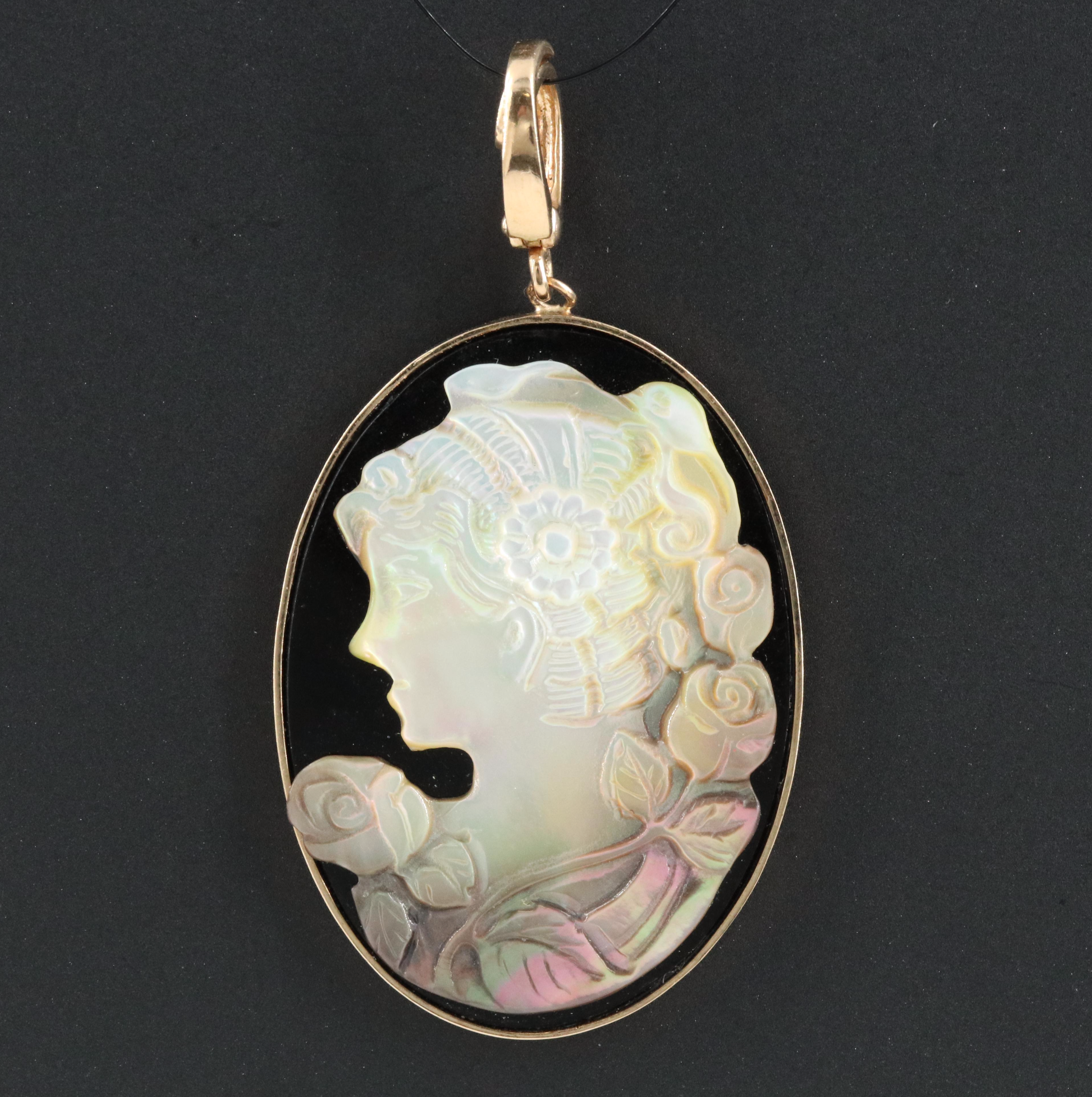 14K Black Onyx and Mother-of-Pearl Cameo Pendant