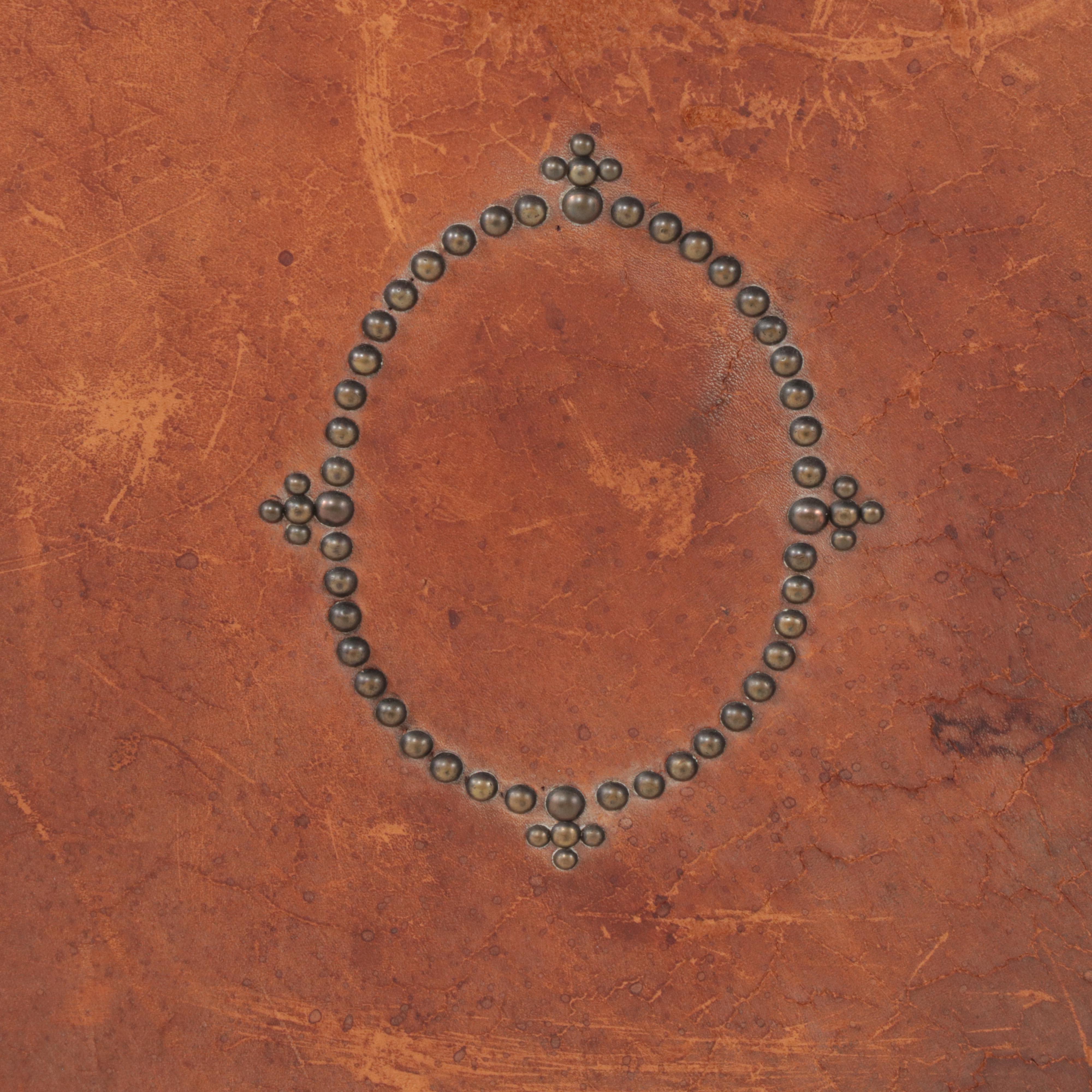 Jacobean Revival Brass-Mounted Oak and Leather Fire Screen, Early 20th Century