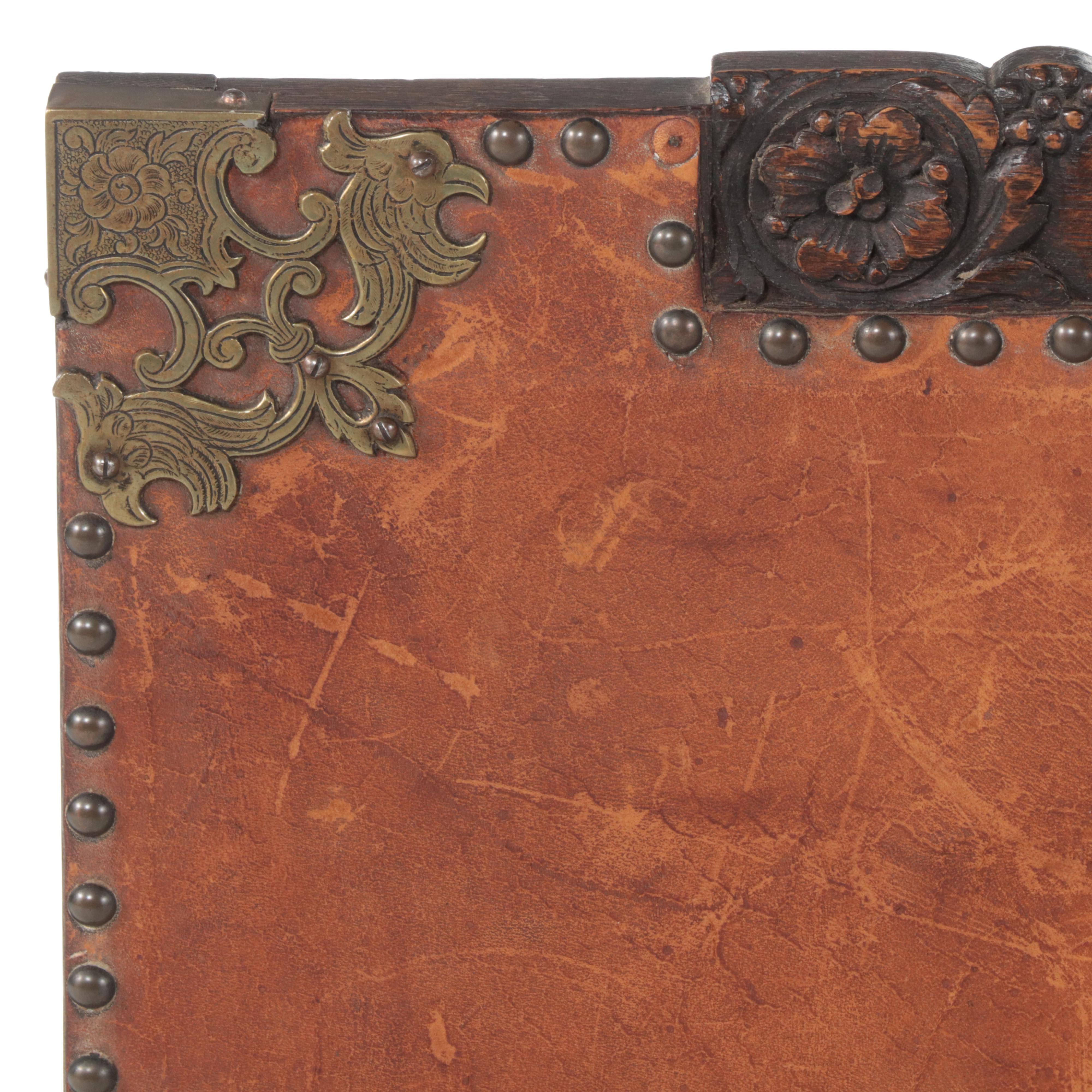 Jacobean Revival Brass-Mounted Oak and Leather Fire Screen, Early 20th Century