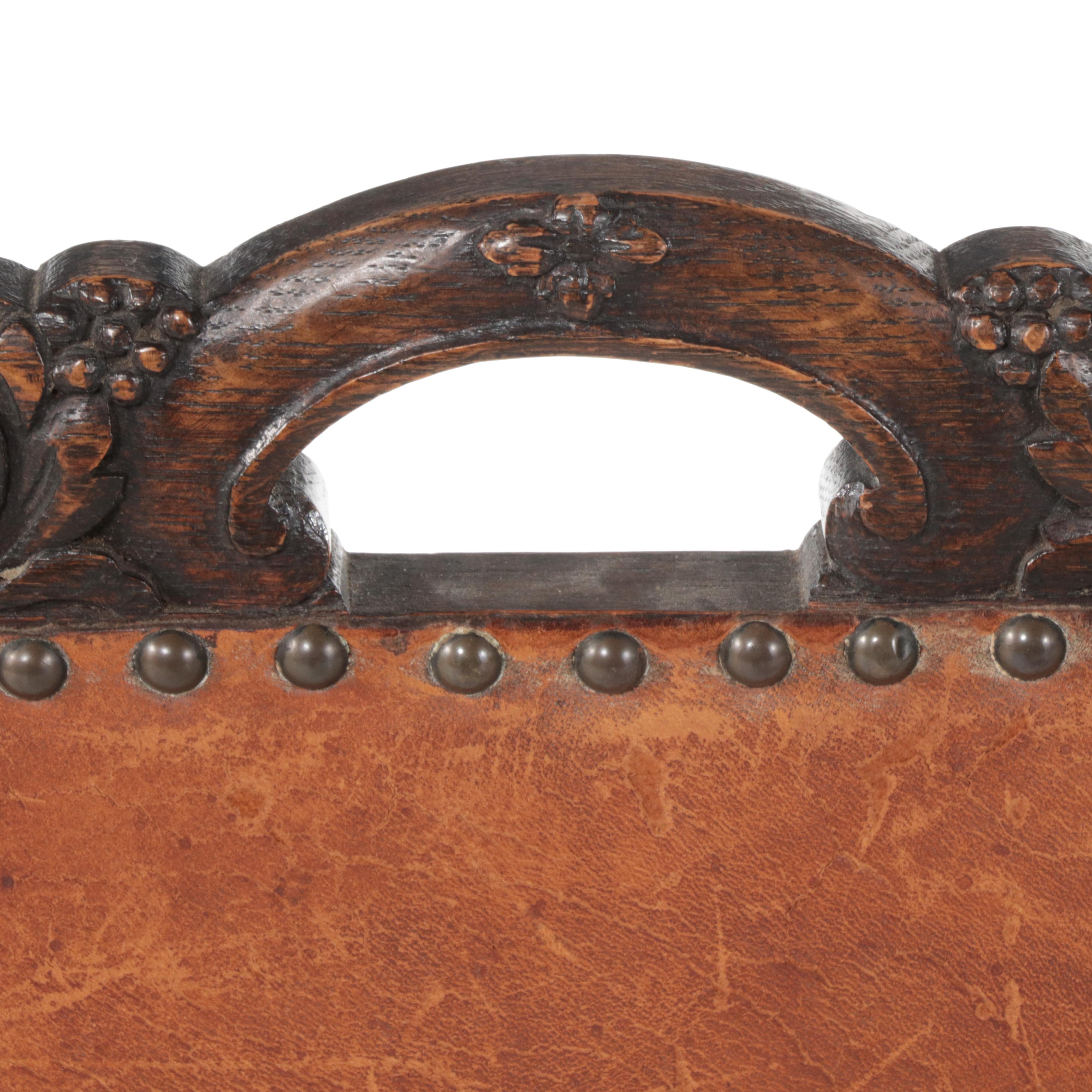 Jacobean Revival Brass-Mounted Oak and Leather Fire Screen, Early 20th Century