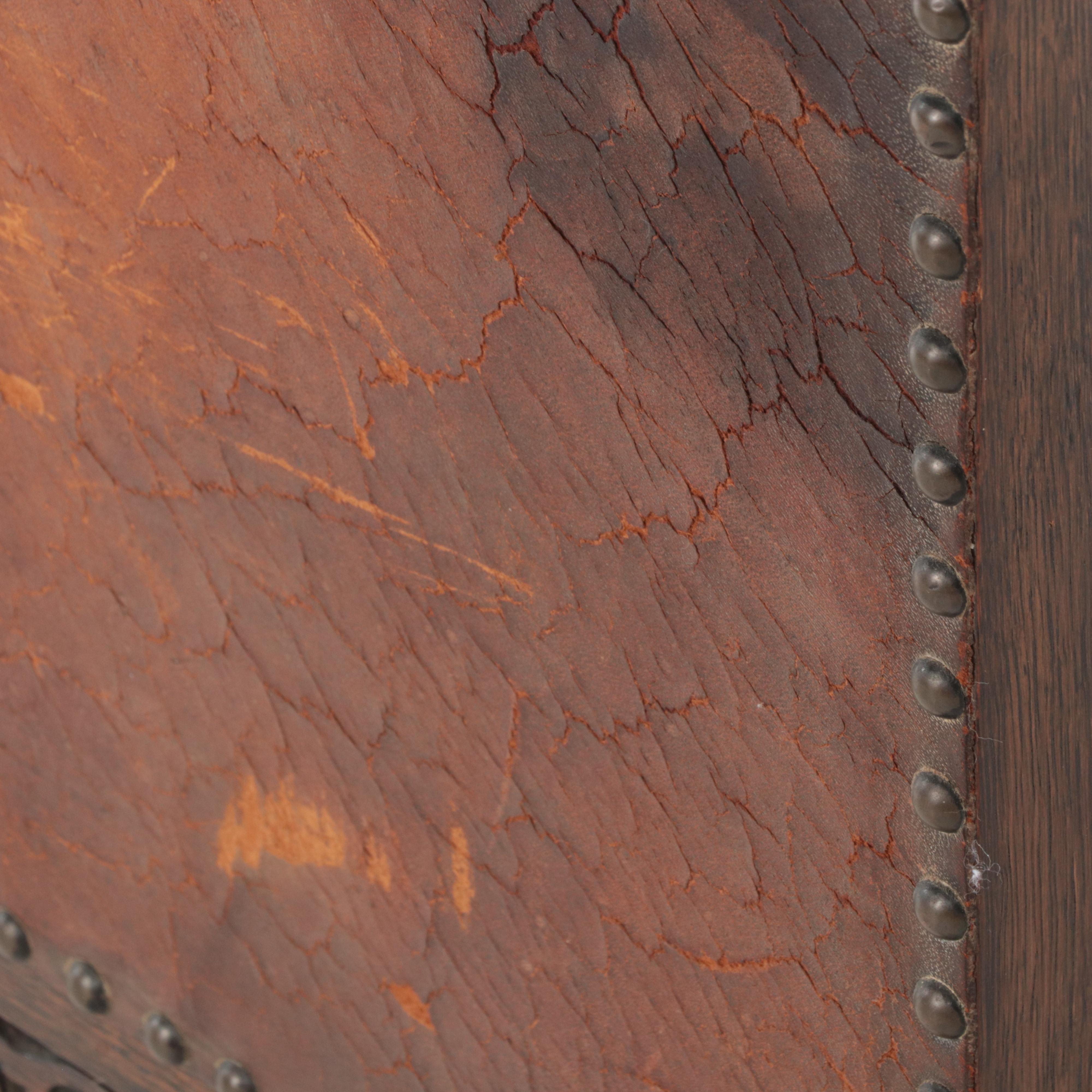 Jacobean Revival Brass-Mounted Oak and Leather Fire Screen, Early 20th Century