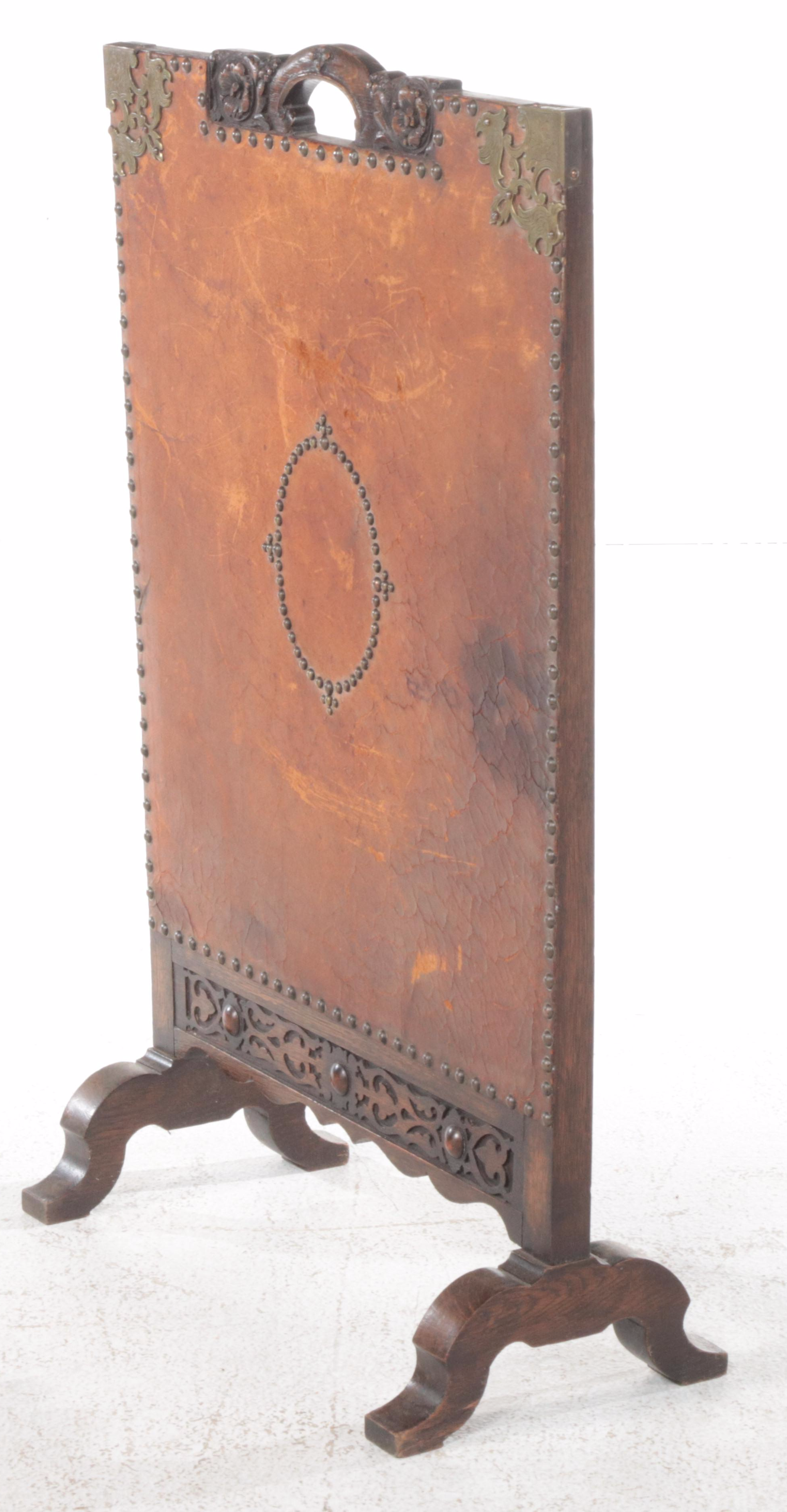 Jacobean Revival Brass-Mounted Oak and Leather Fire Screen, Early 20th Century