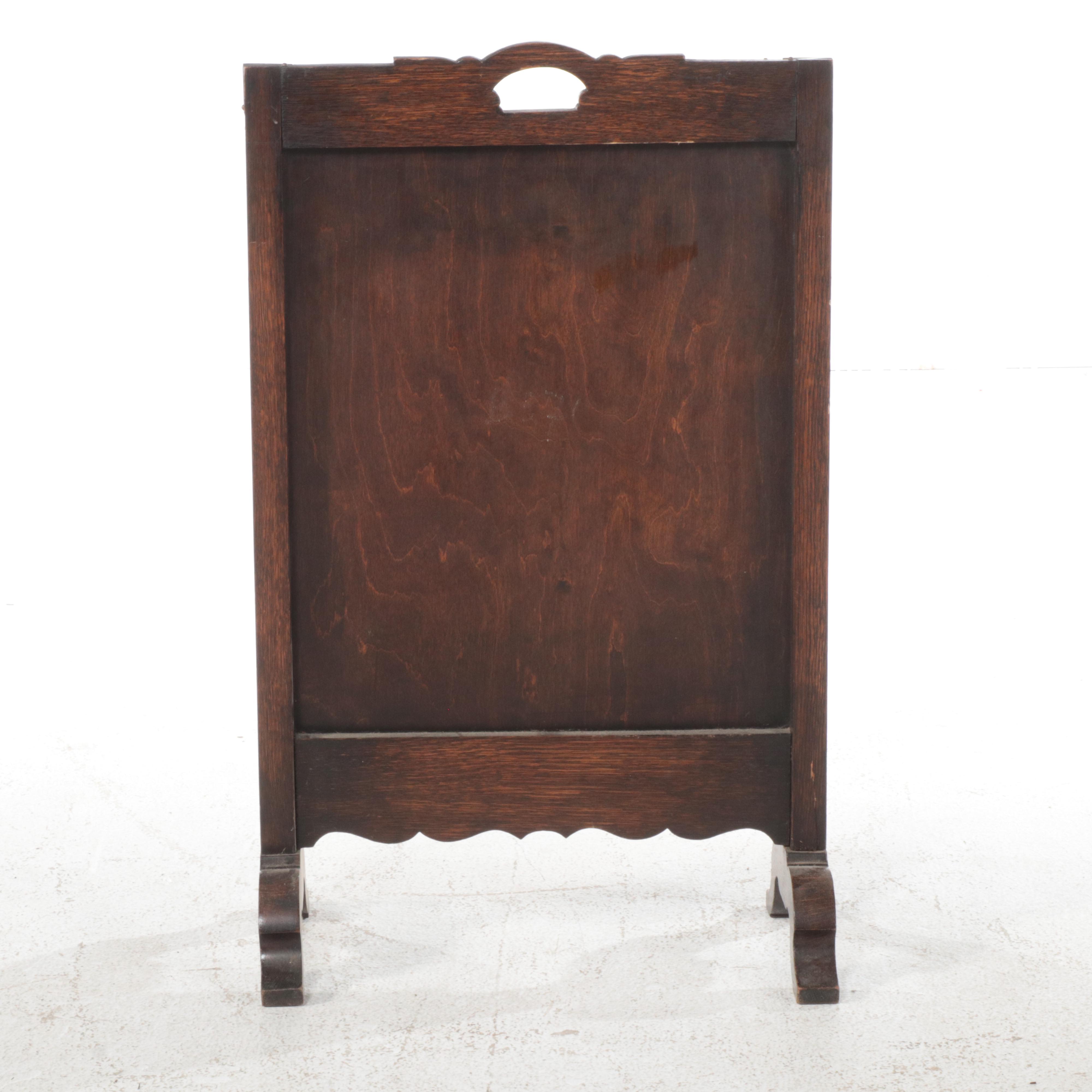 Jacobean Revival Brass-Mounted Oak and Leather Fire Screen, Early 20th Century