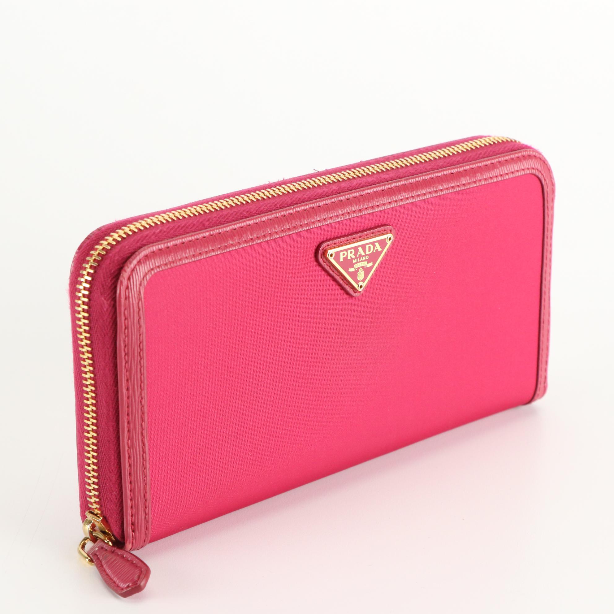 Prada Long Zip Around Wallet in Magenta Tessuto Nylon and Leather Trim, with Box