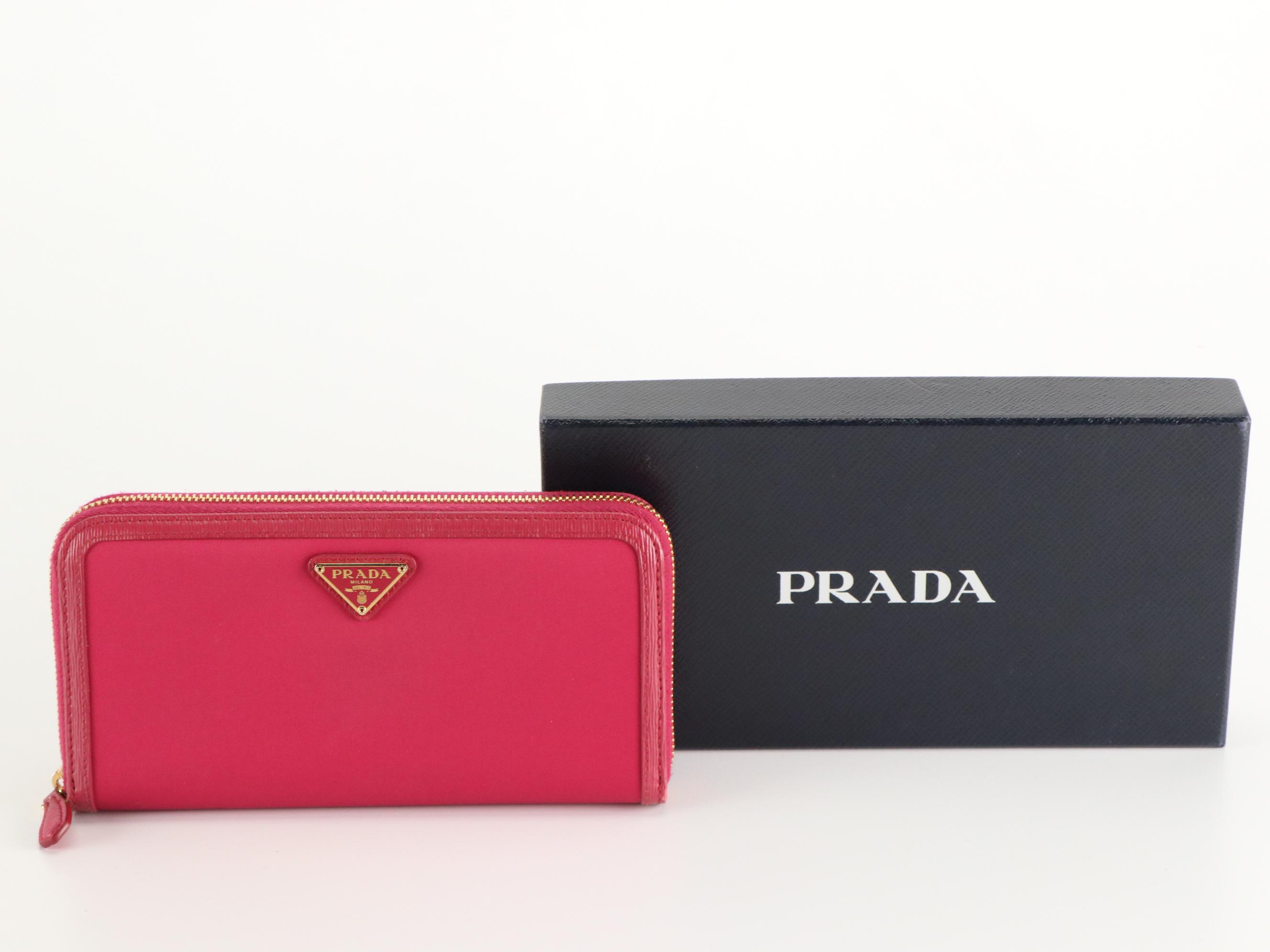 Prada Long Zip Around Wallet in Magenta Tessuto Nylon and Leather Trim, with Box