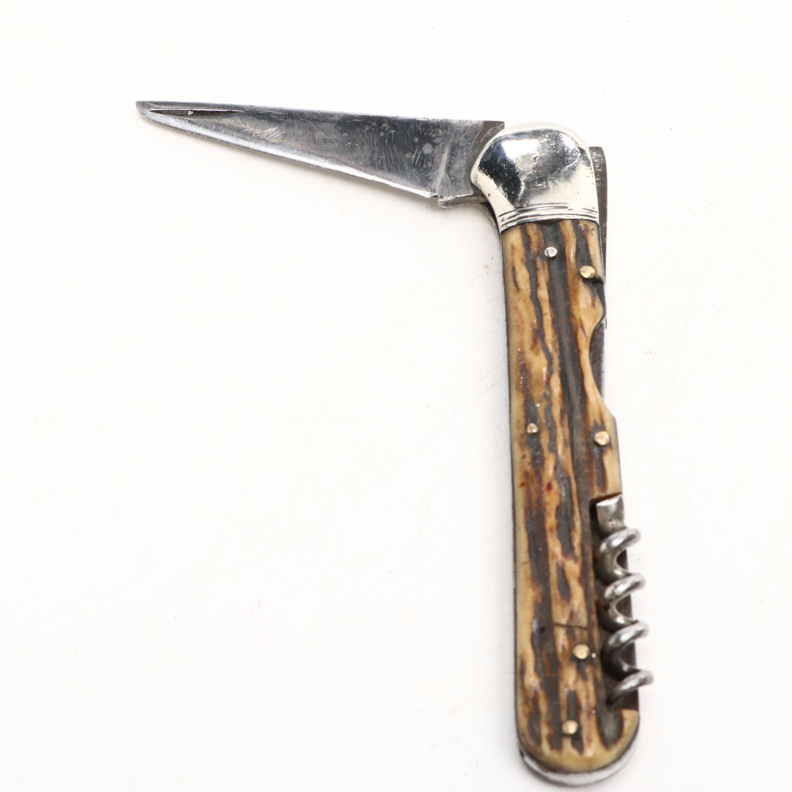 Metal and Antler Folding Knife with Corkscrew Attachment