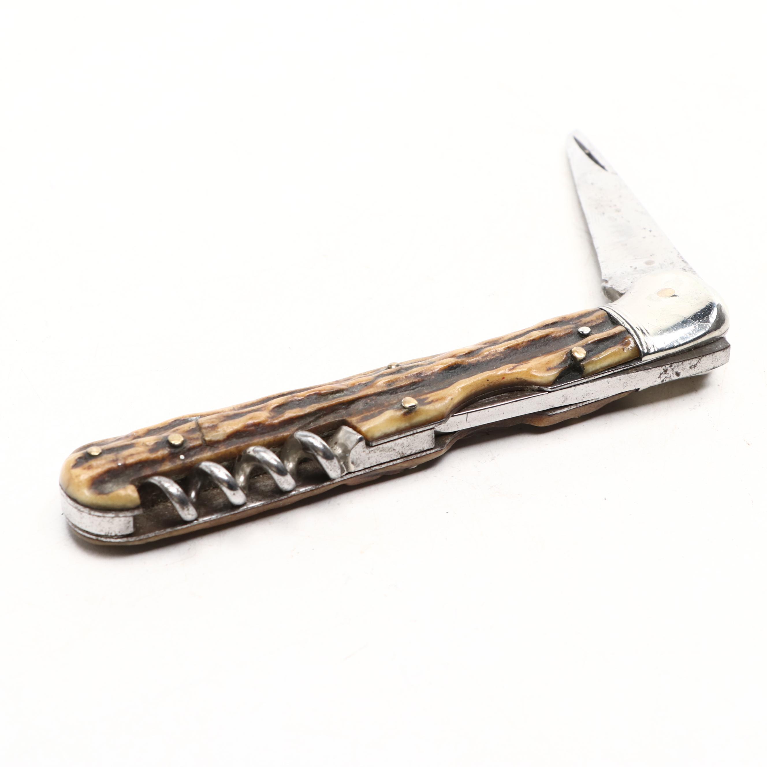 Metal and Antler Folding Knife with Corkscrew Attachment