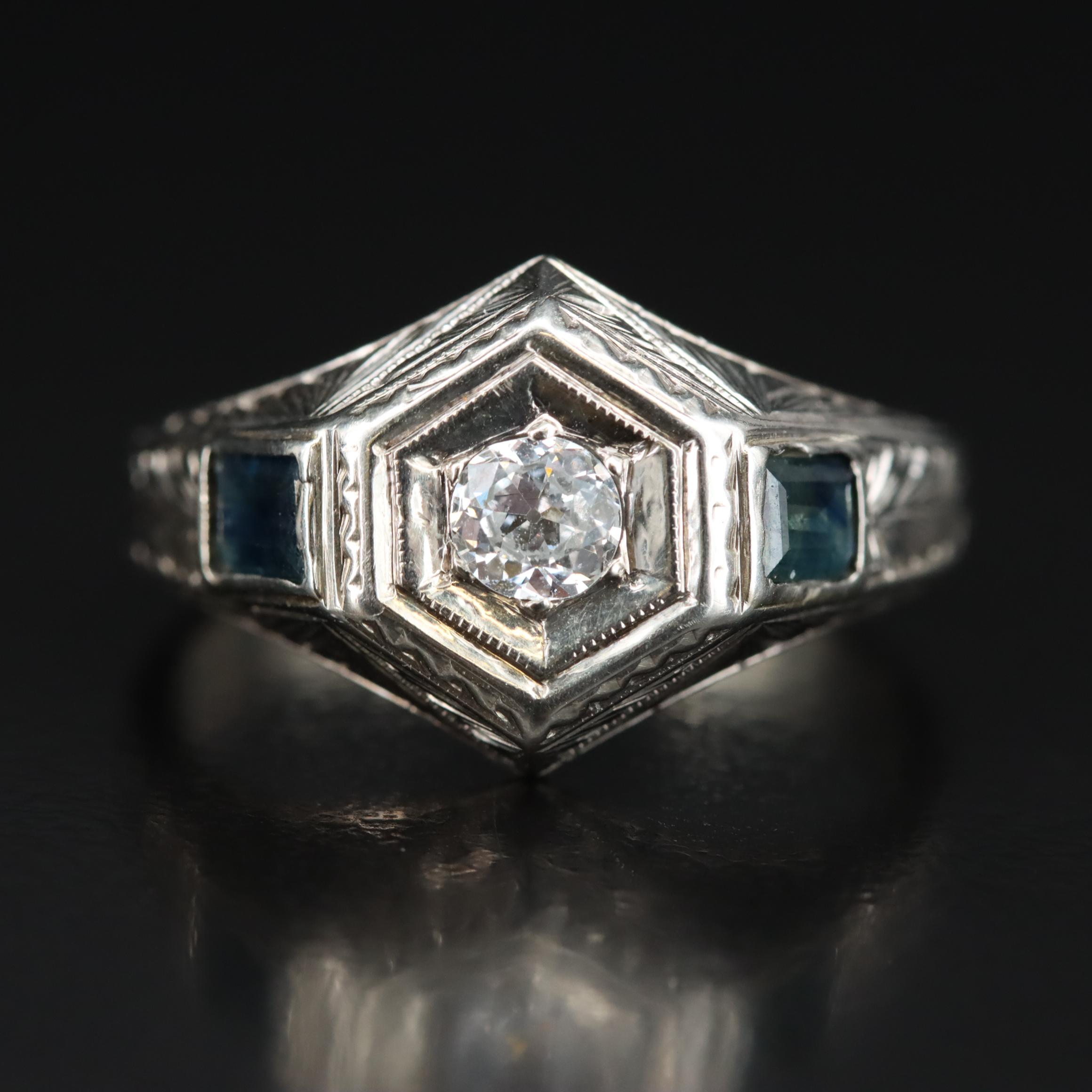 Art Deco J. R. Wood & Sons 18K Diamond and Sapphire Ring EBTH