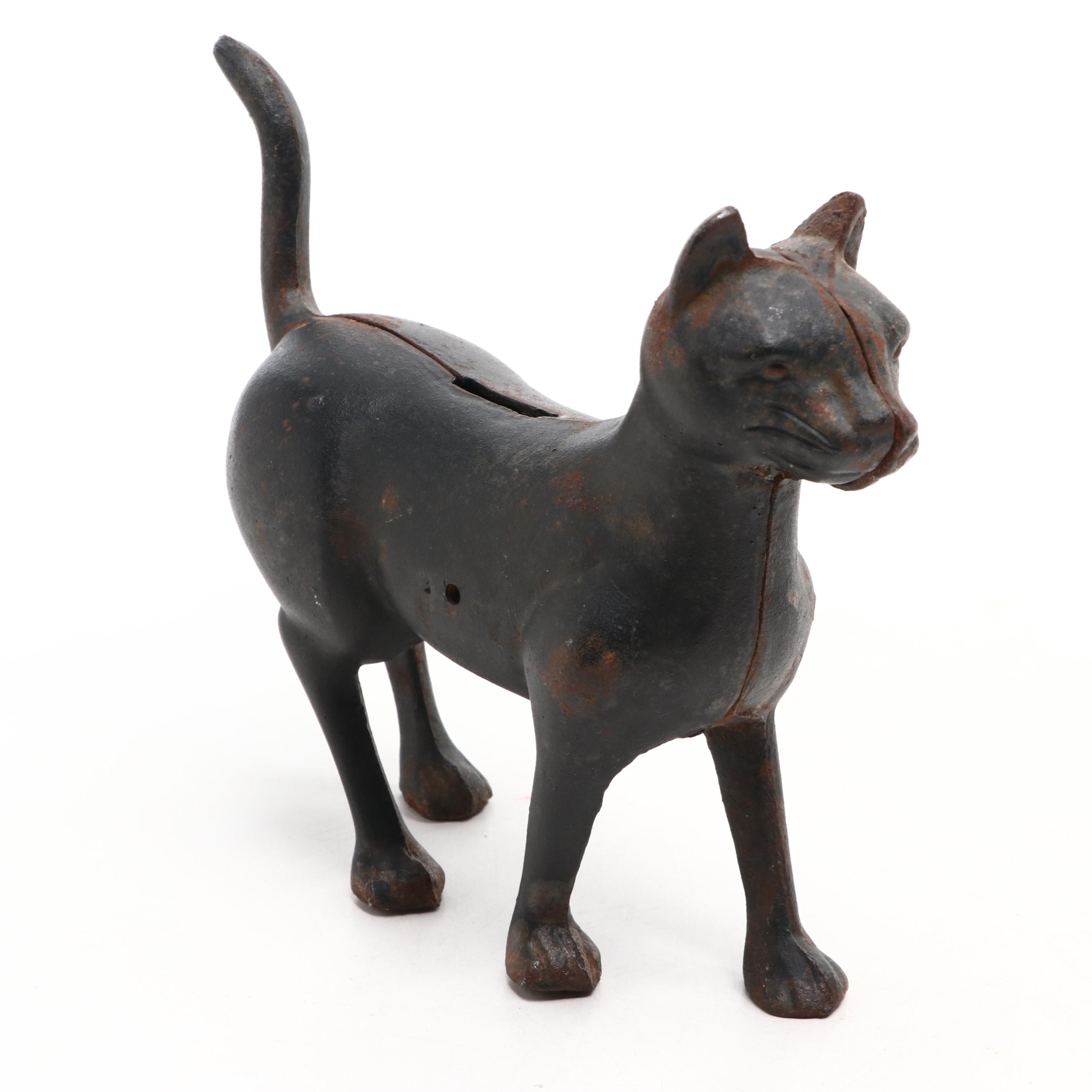 Cast Iron Hunchback Cat Doorstop with Cast Iron Cat Bank