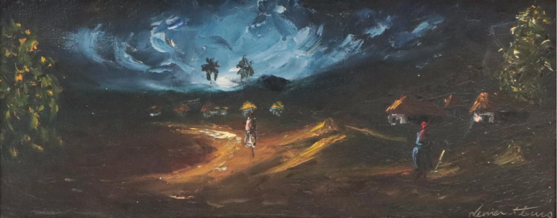 Oil Painting of Nocturne Landscape with Figures, 20th Century