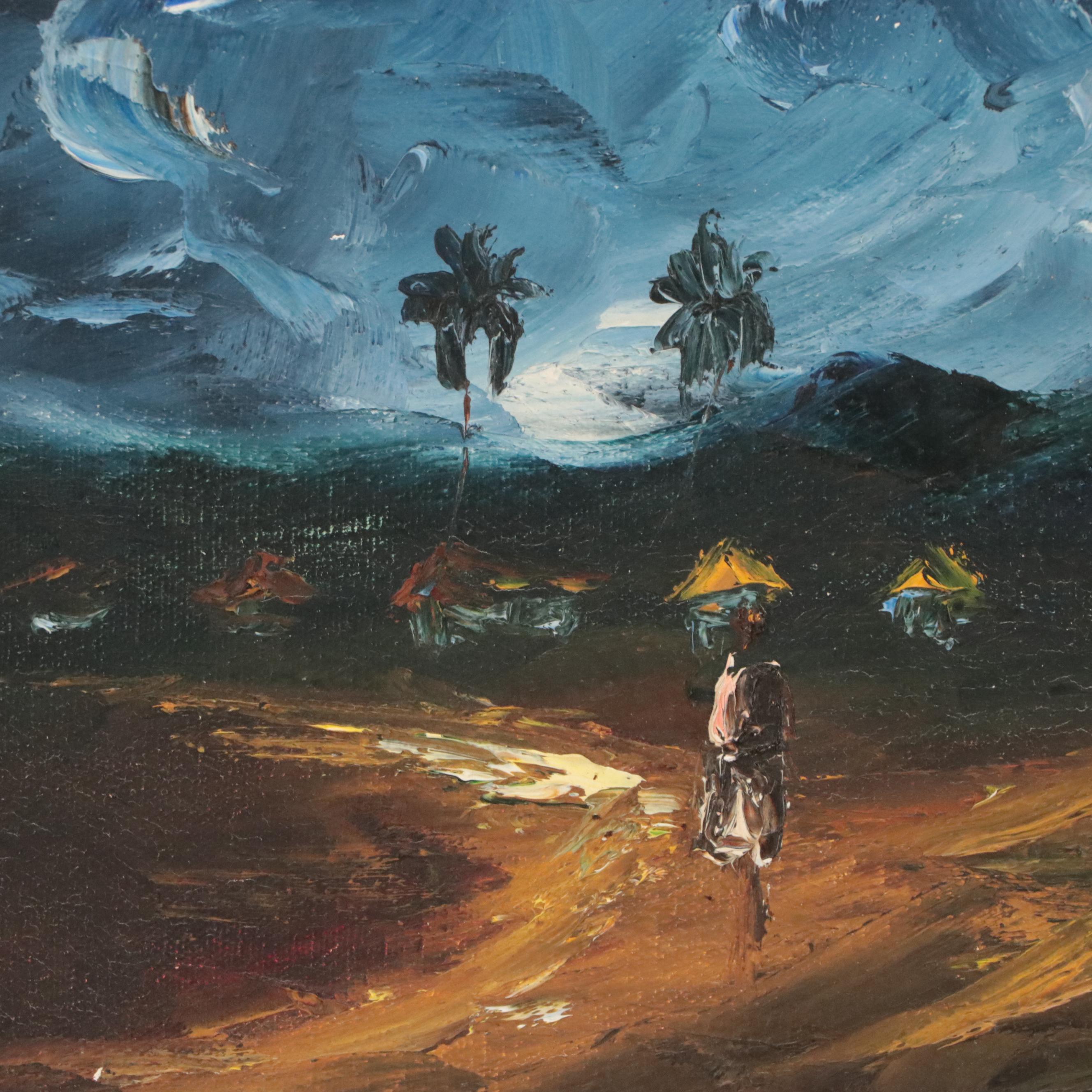 Oil Painting of Nocturne Landscape with Figures, 20th Century