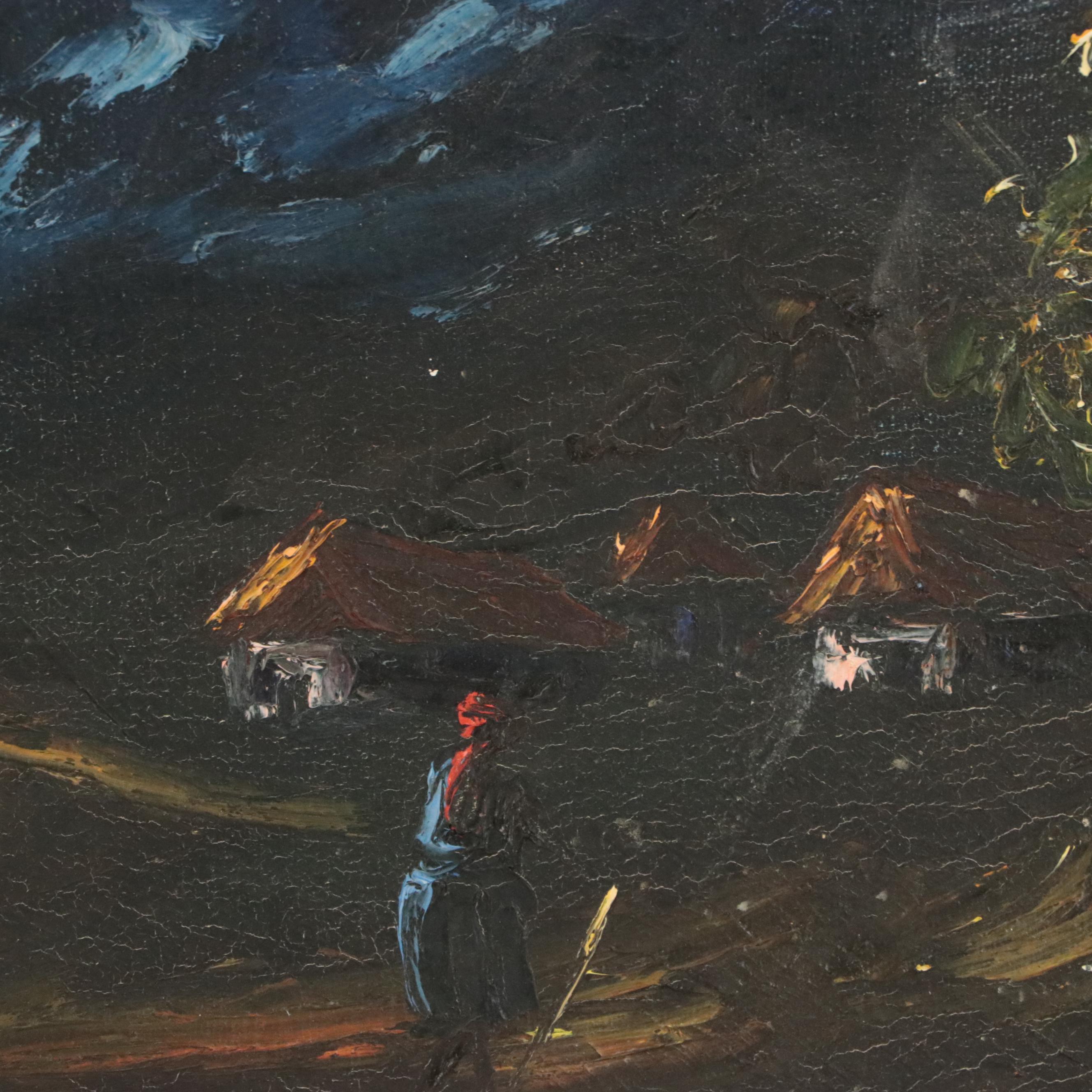 Oil Painting of Nocturne Landscape with Figures, 20th Century