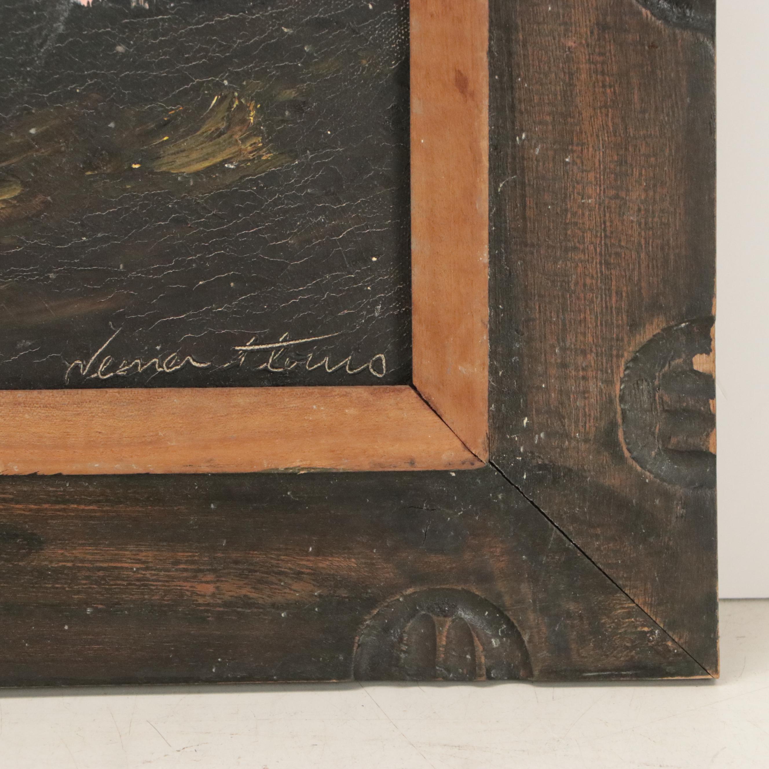 Oil Painting of Nocturne Landscape with Figures, 20th Century