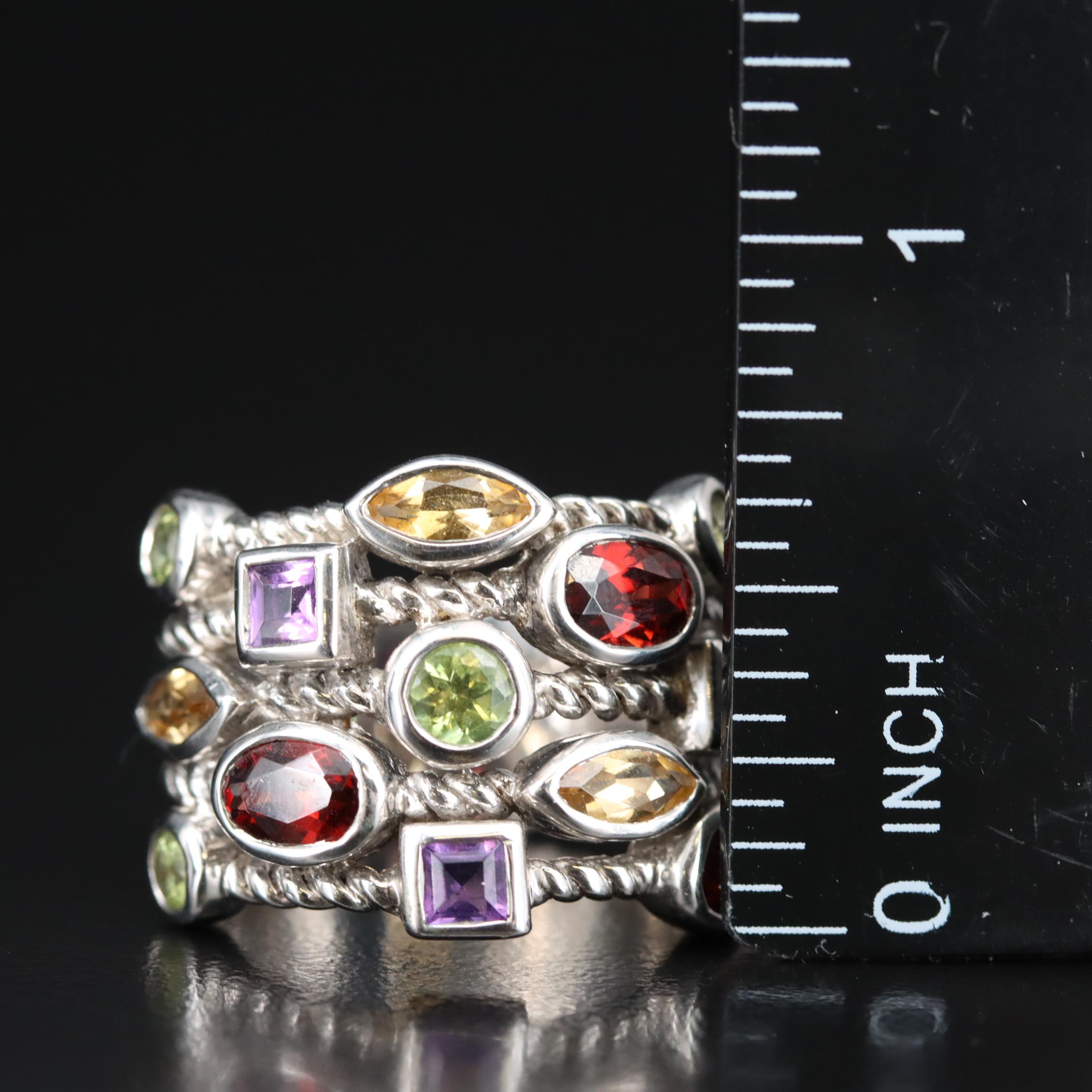 Sterling Amethyst, Garnet and Peridot Ring
