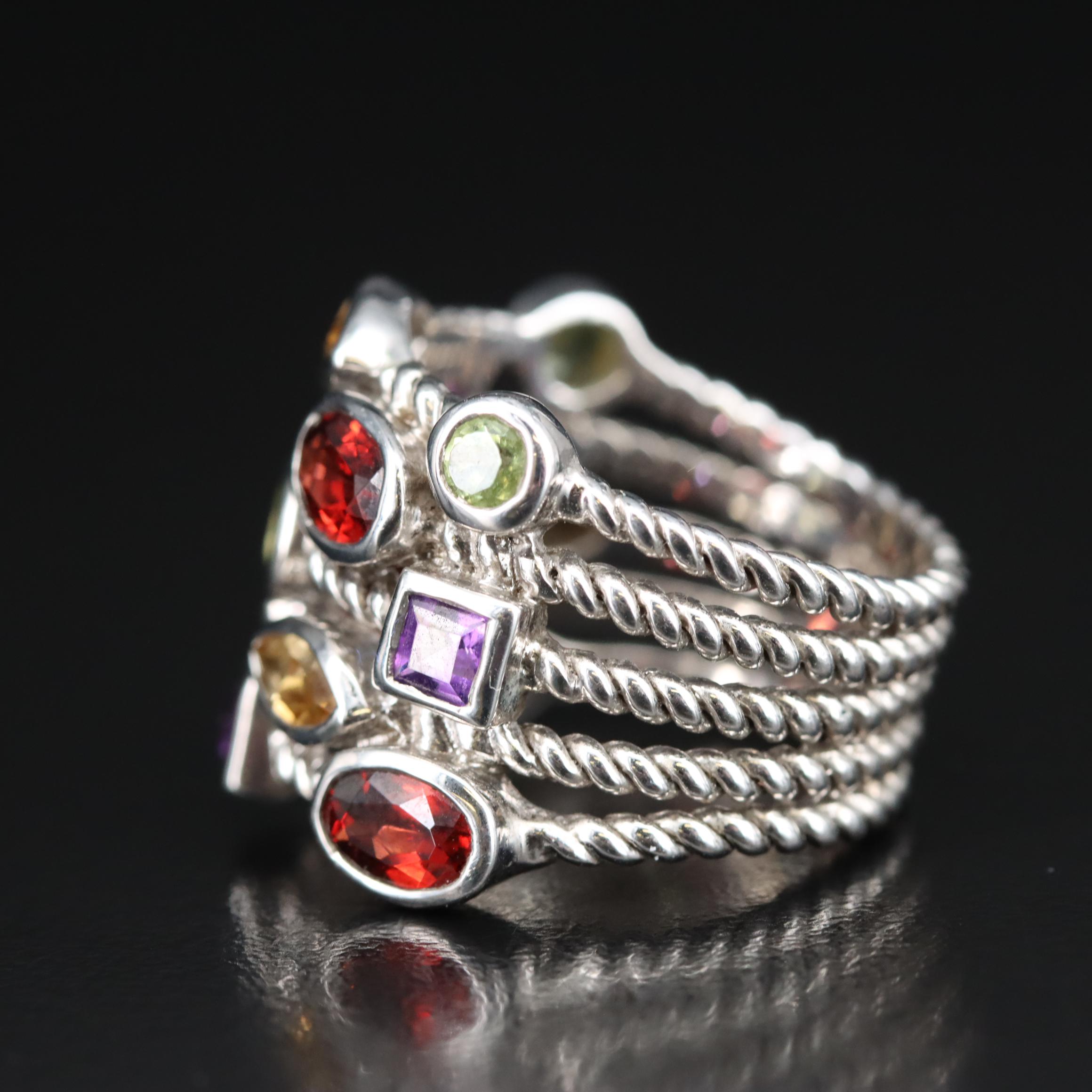 Sterling Amethyst, Garnet and Peridot Ring