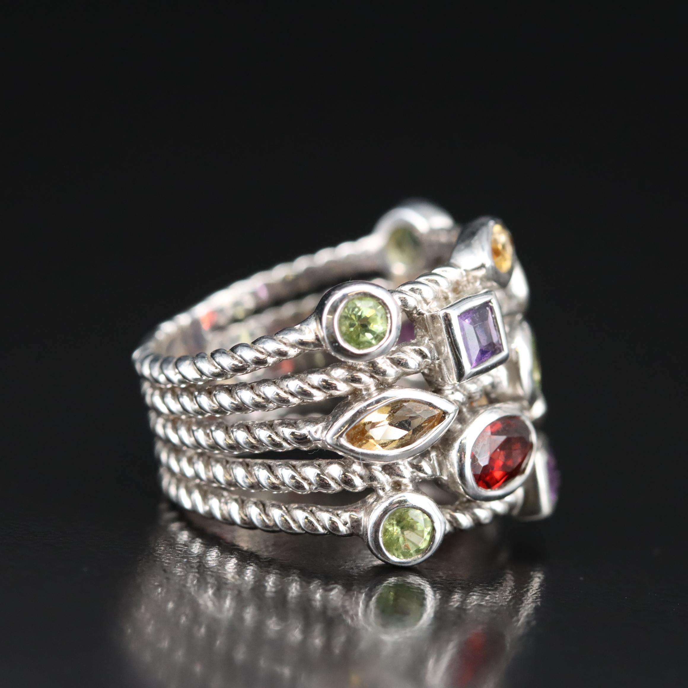 Sterling Amethyst, Garnet and Peridot Ring