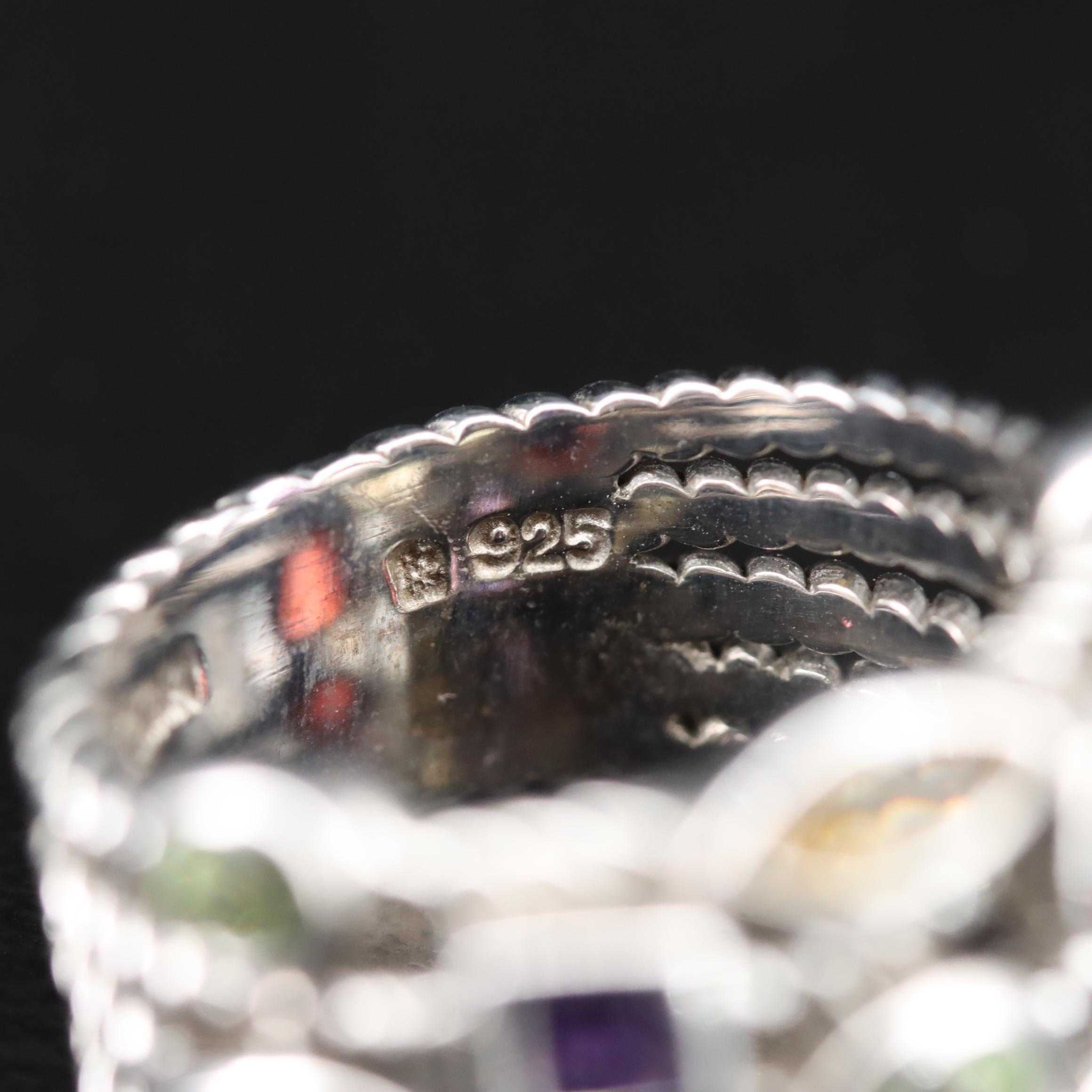 Sterling Amethyst, Garnet and Peridot Ring