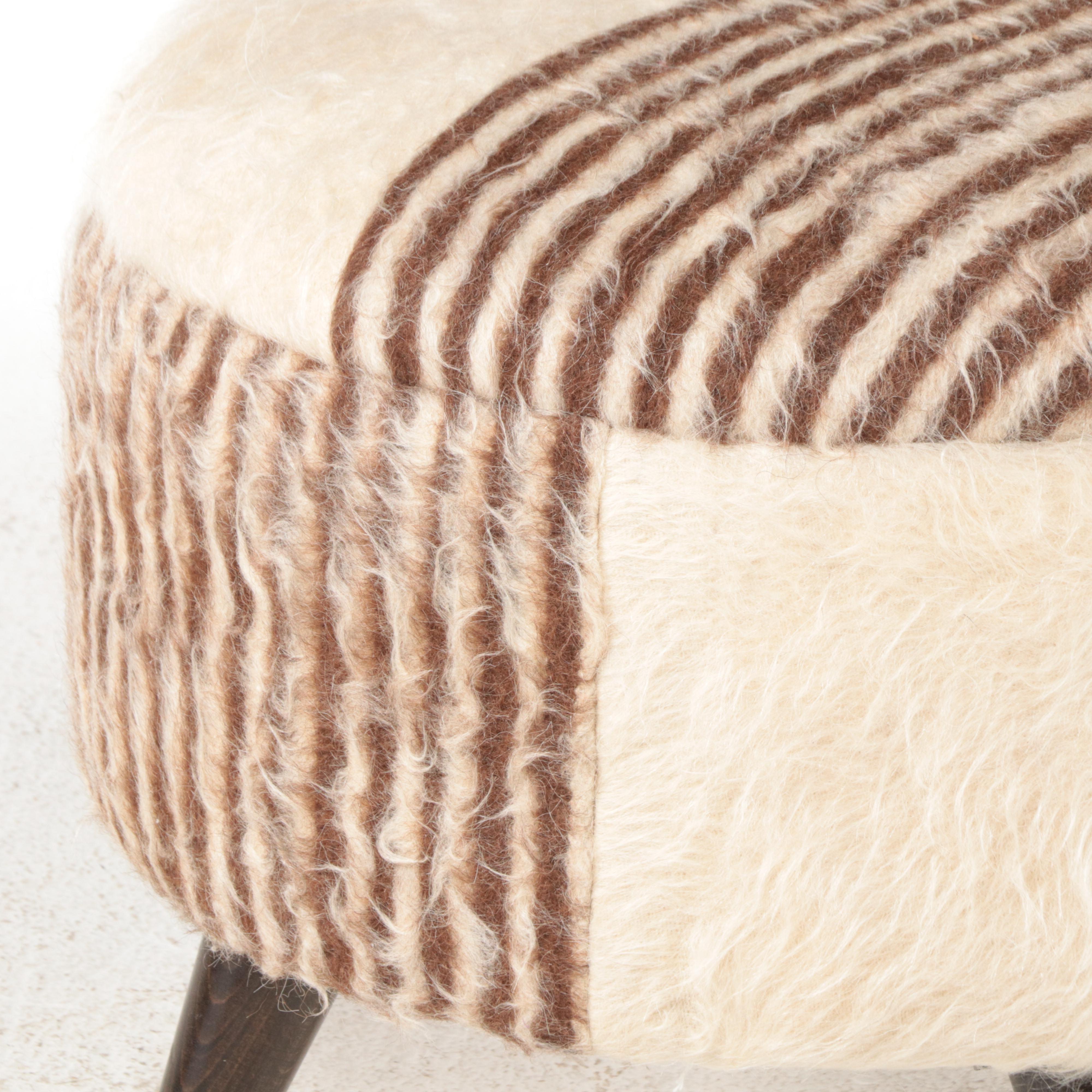 Angora Upholstered Striped Round Ottoman