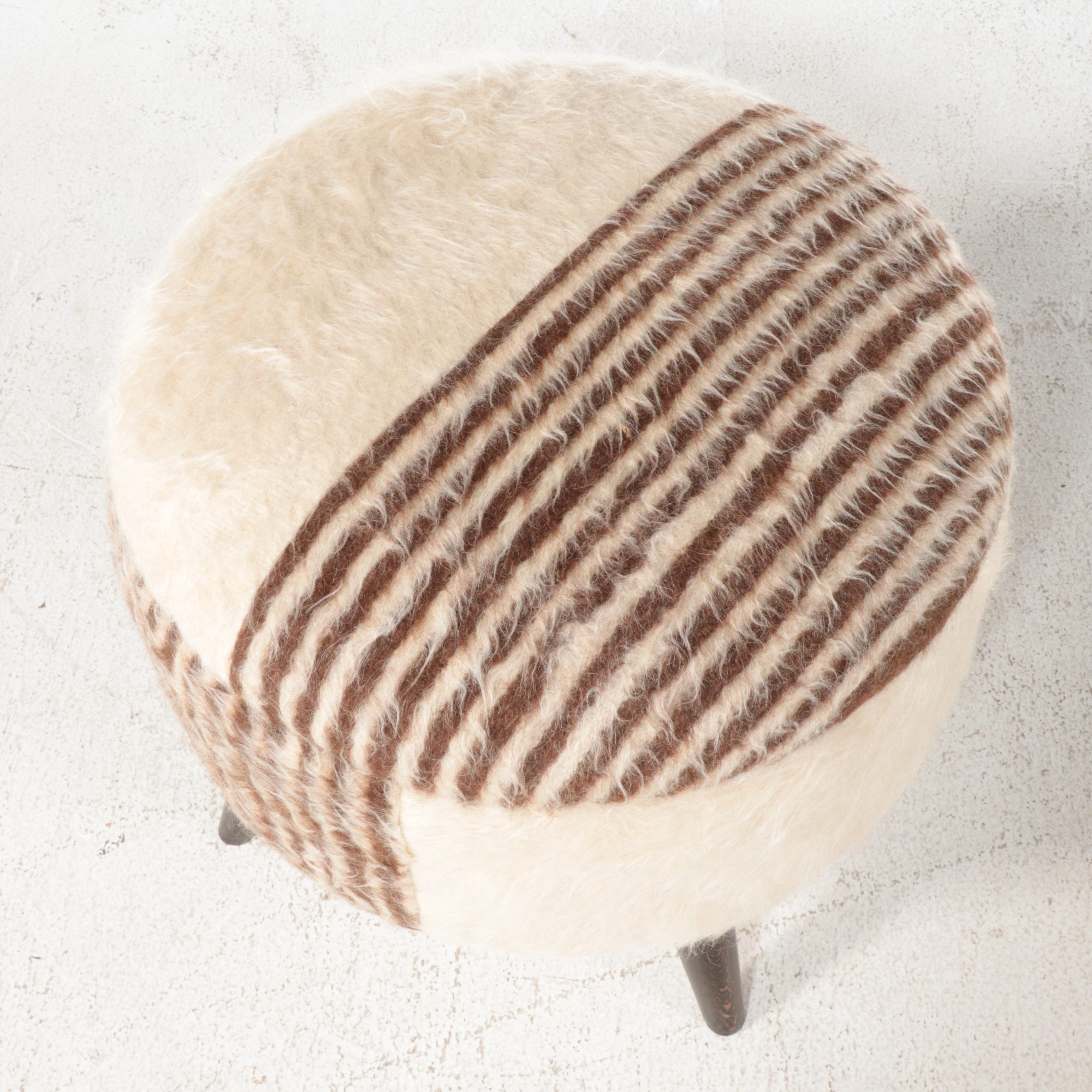 Angora Upholstered Striped Round Ottoman