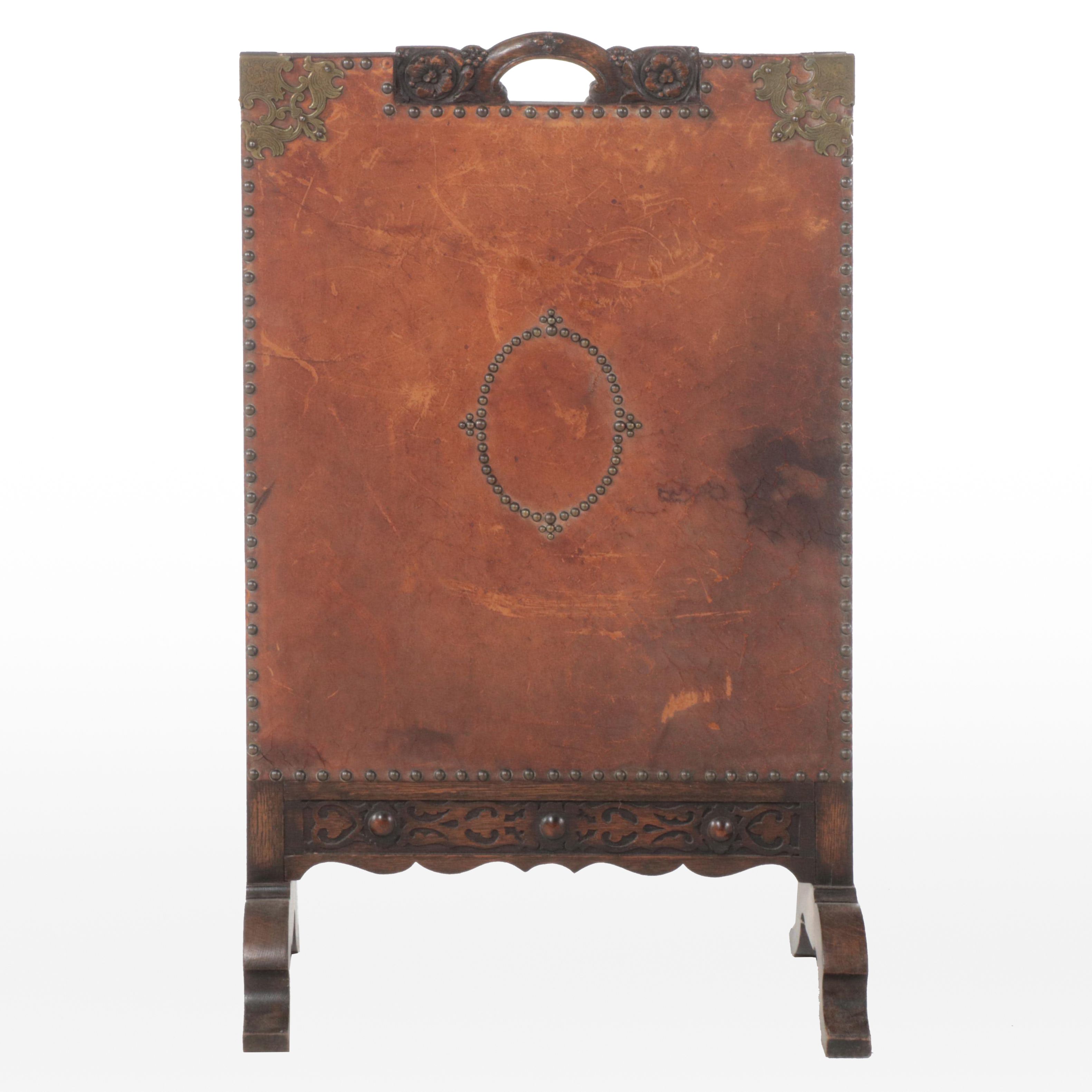 Jacobean Revival Brass-Mounted Oak and Leather Fire Screen, Early 20th Century