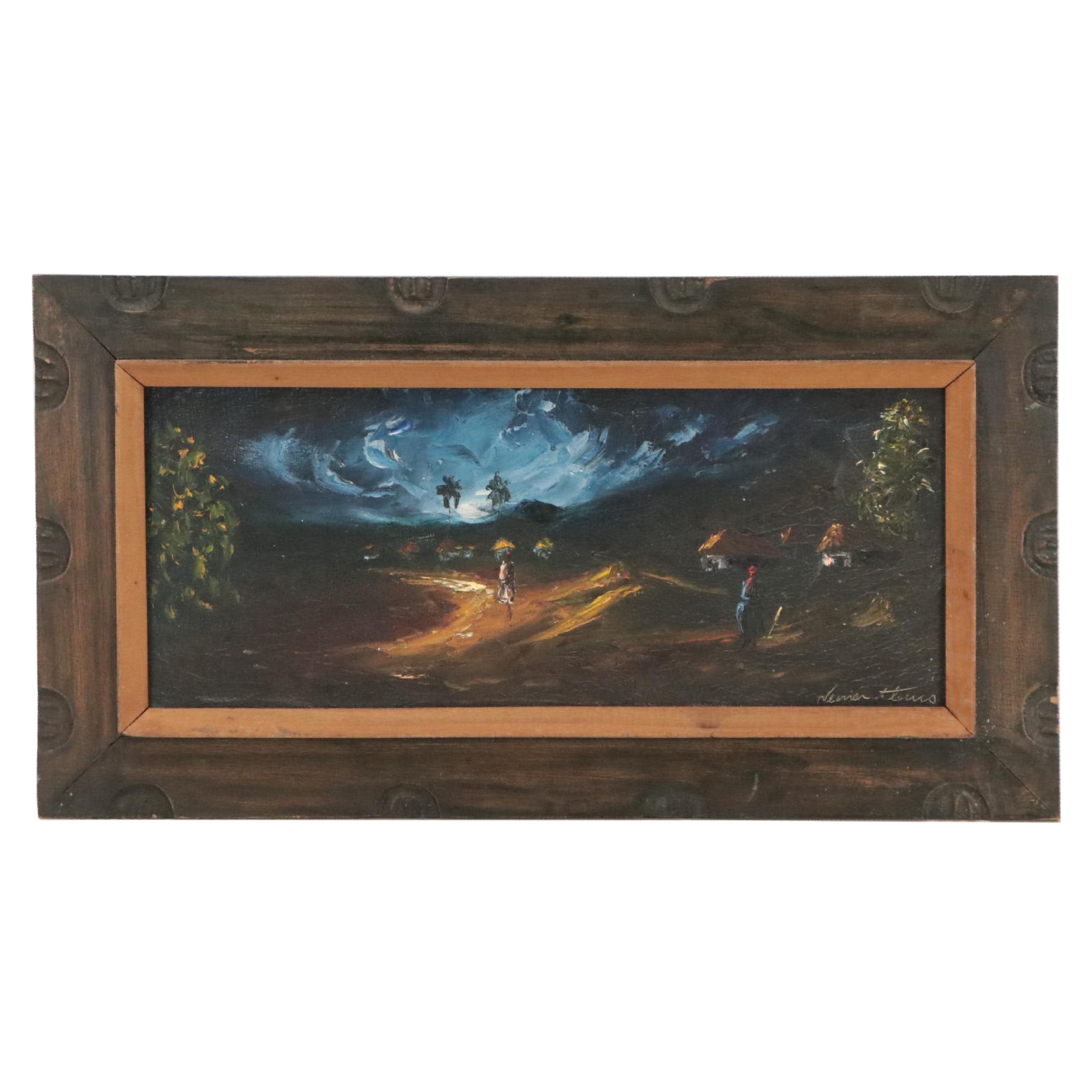 Oil Painting of Nocturne Landscape with Figures, 20th Century