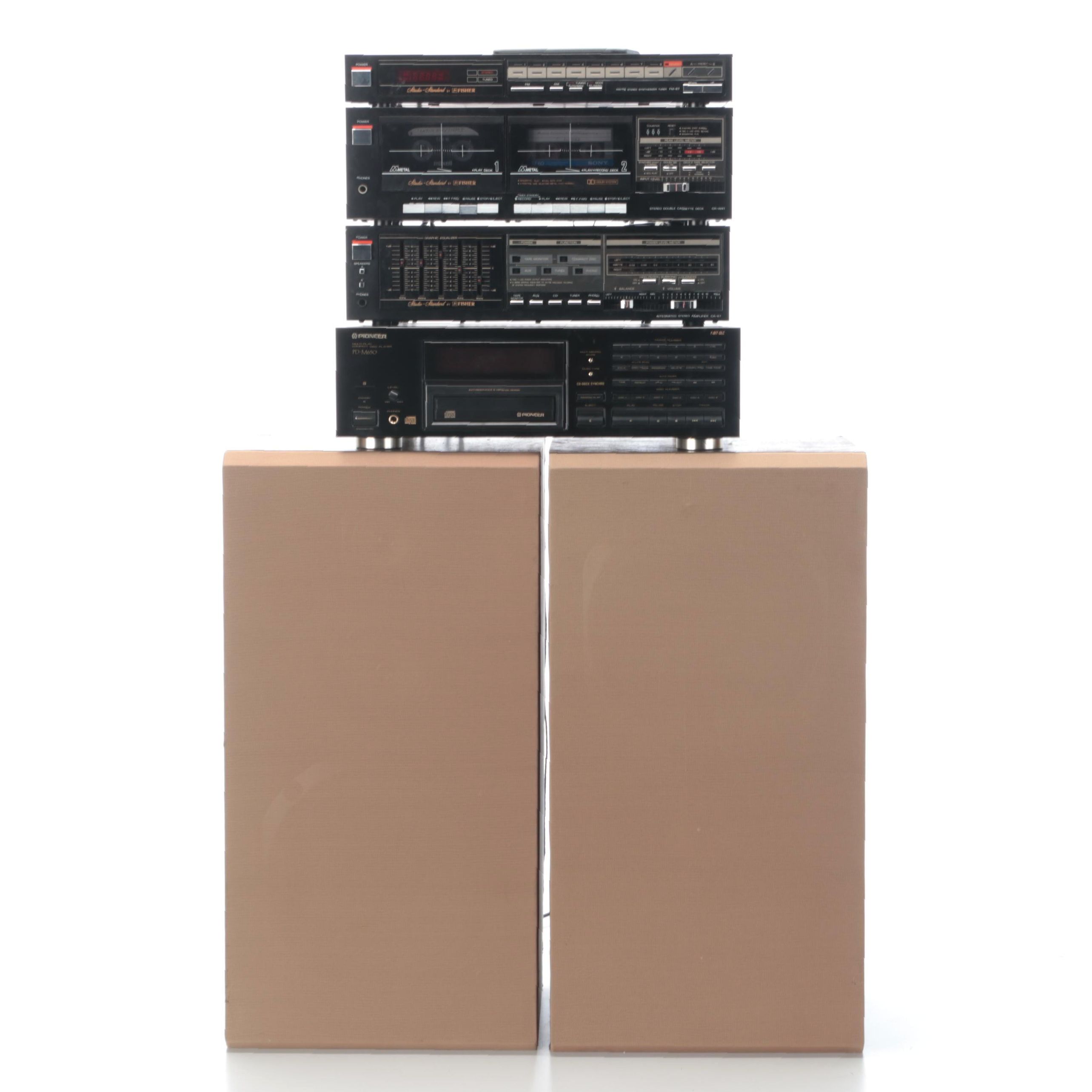 Fisher Receiver, Tape Deck and GE with Pioneer CD Player, Fisher Loudspeakers