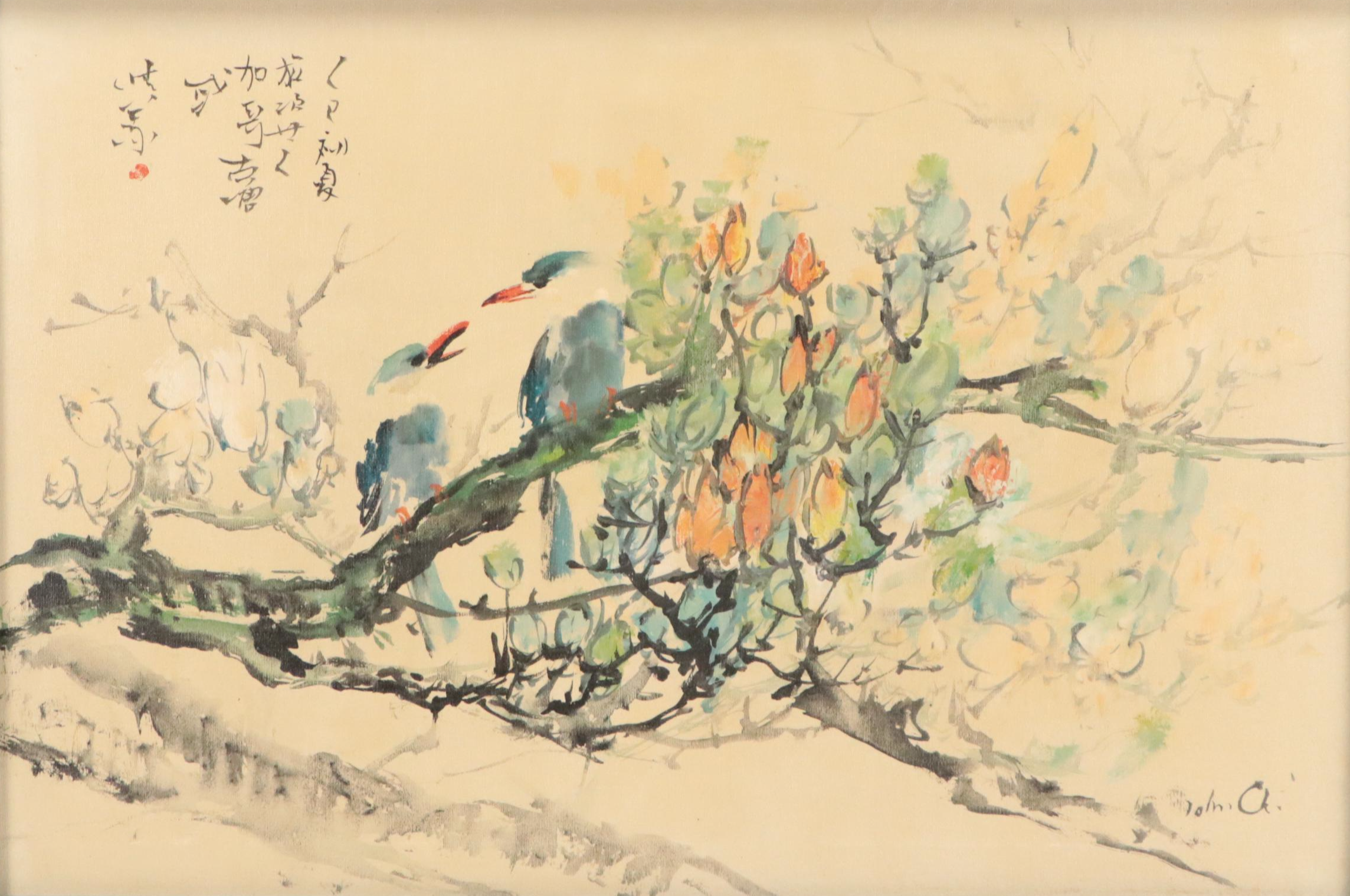 East Asian Oil Painting of Flowering Tree Branches, Mid-20th Century