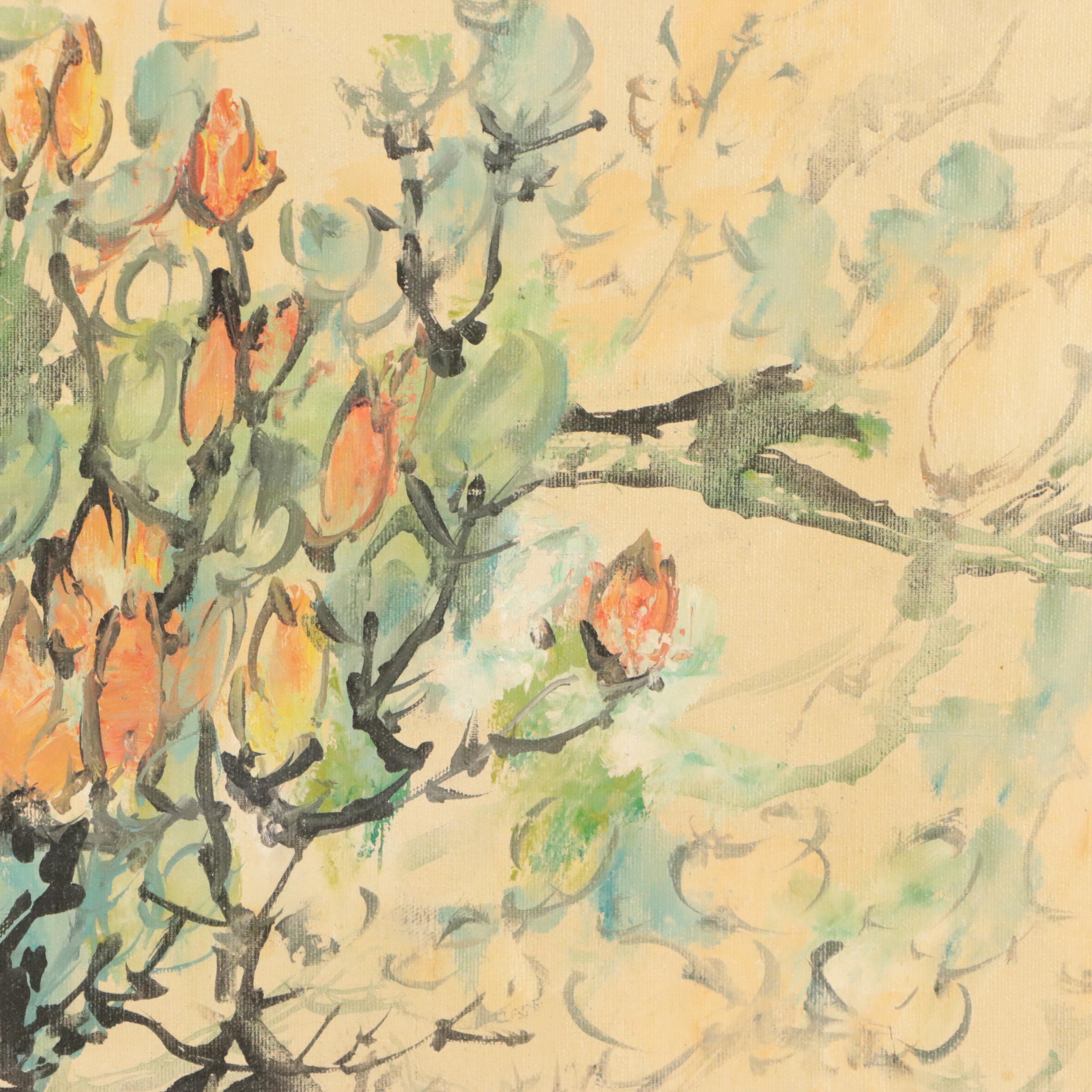 East Asian Oil Painting of Flowering Tree Branches, Mid-20th Century
