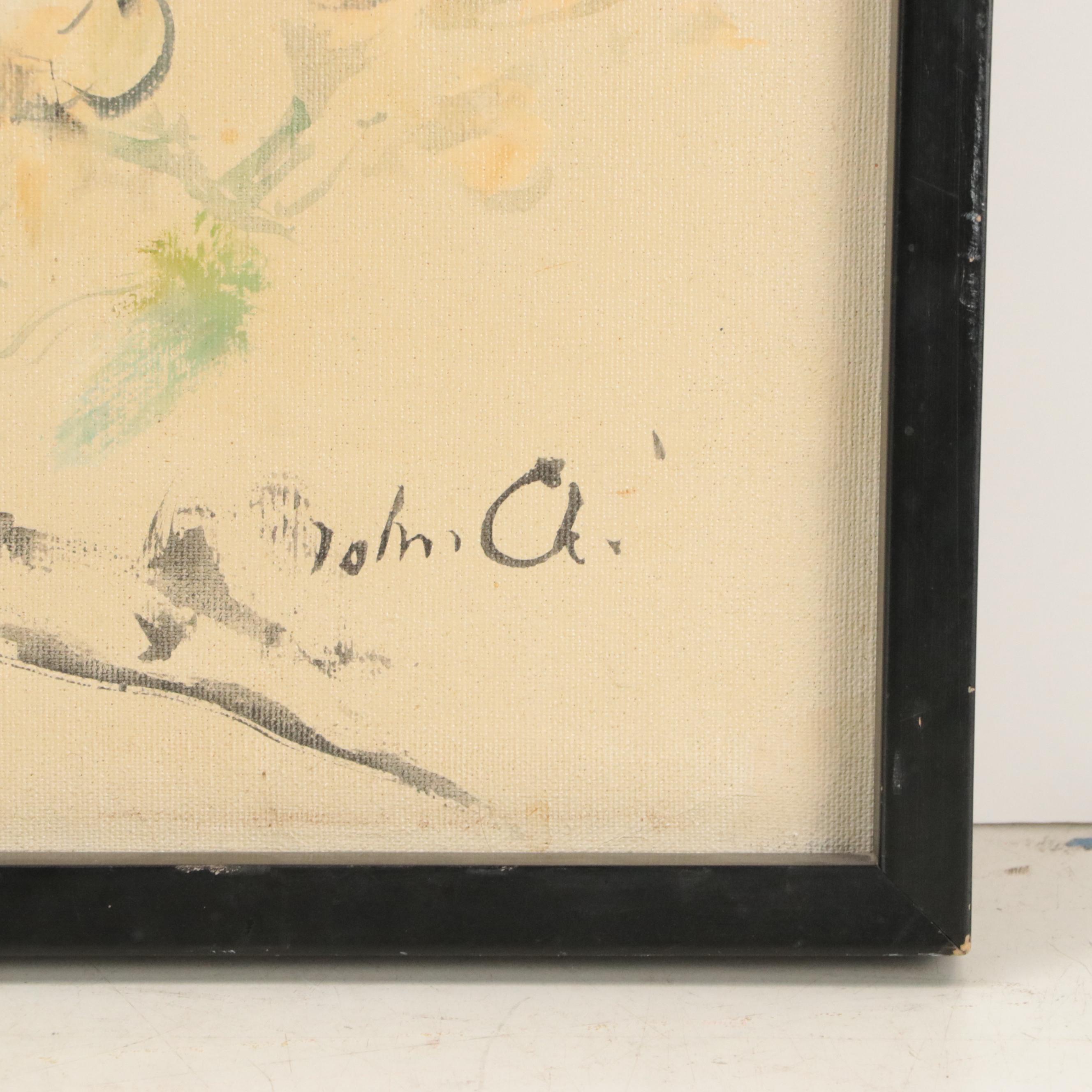 East Asian Oil Painting of Flowering Tree Branches, Mid-20th Century