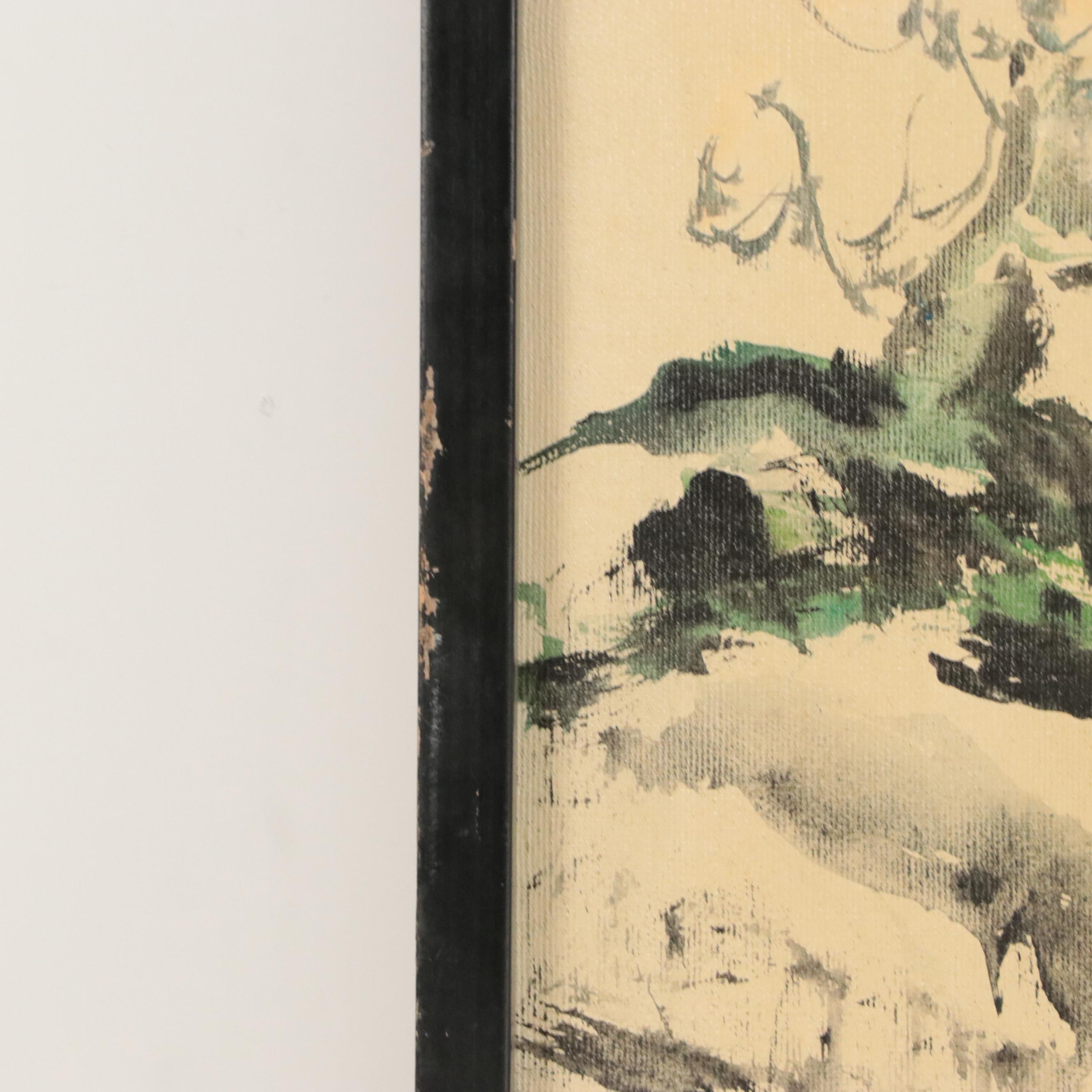 East Asian Oil Painting of Flowering Tree Branches, Mid-20th Century