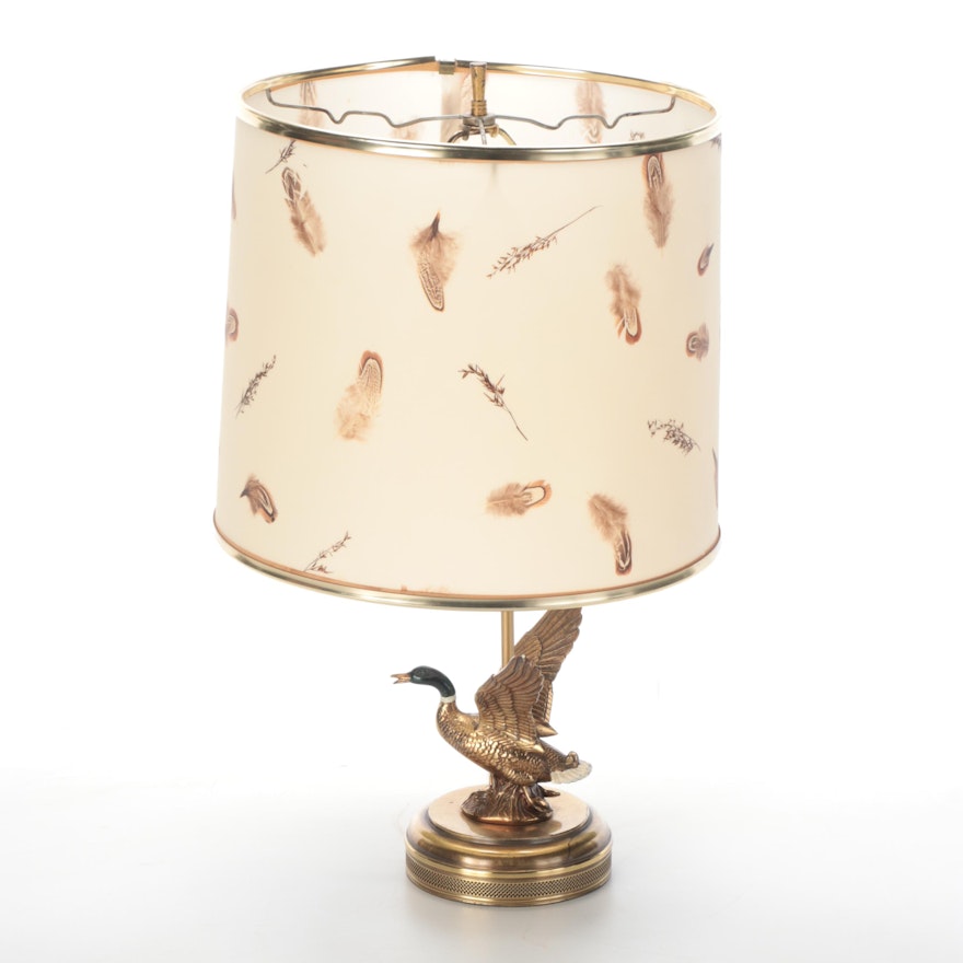 Cast Brass Canada Goose Table Lamp with Feather Print Drum Shade