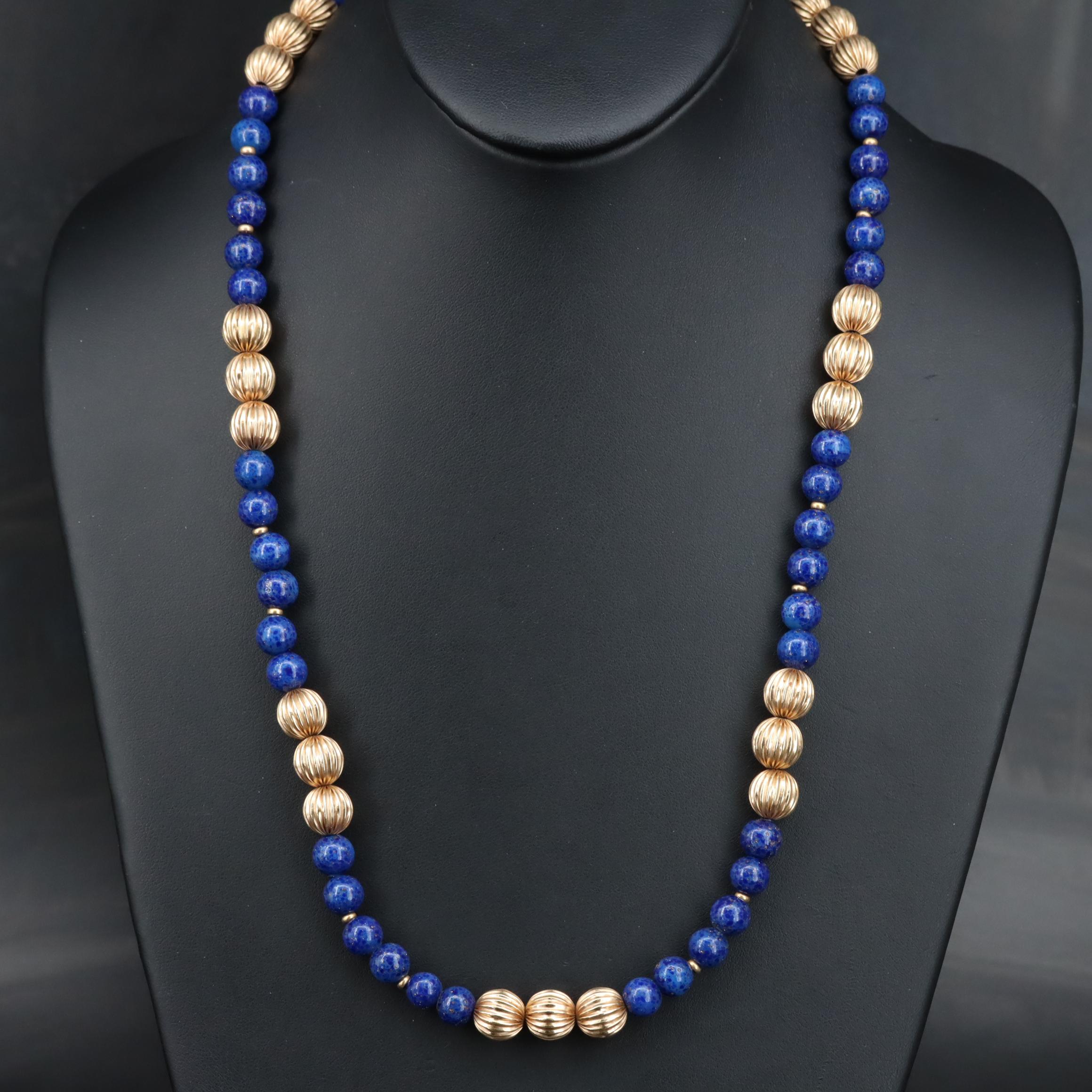 14K Fluted Bead, Glass Bead and Azurmalachite Clasp Necklace