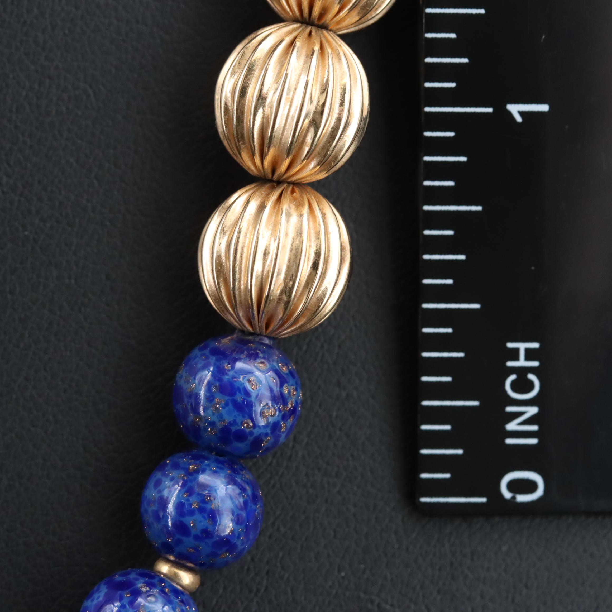 14K Fluted Bead, Glass Bead and Azurmalachite Clasp Necklace