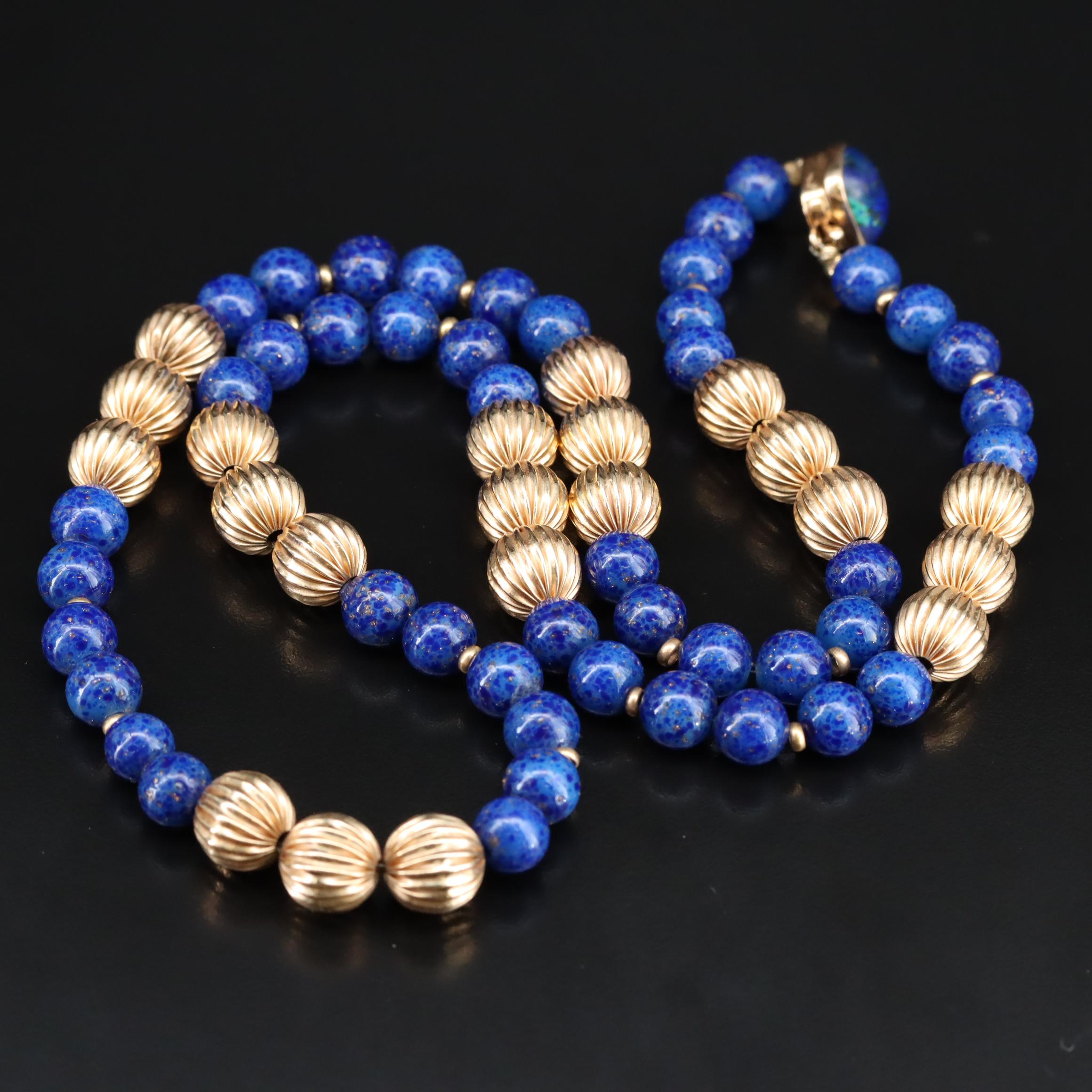 14K Fluted Bead, Glass Bead and Azurmalachite Clasp Necklace