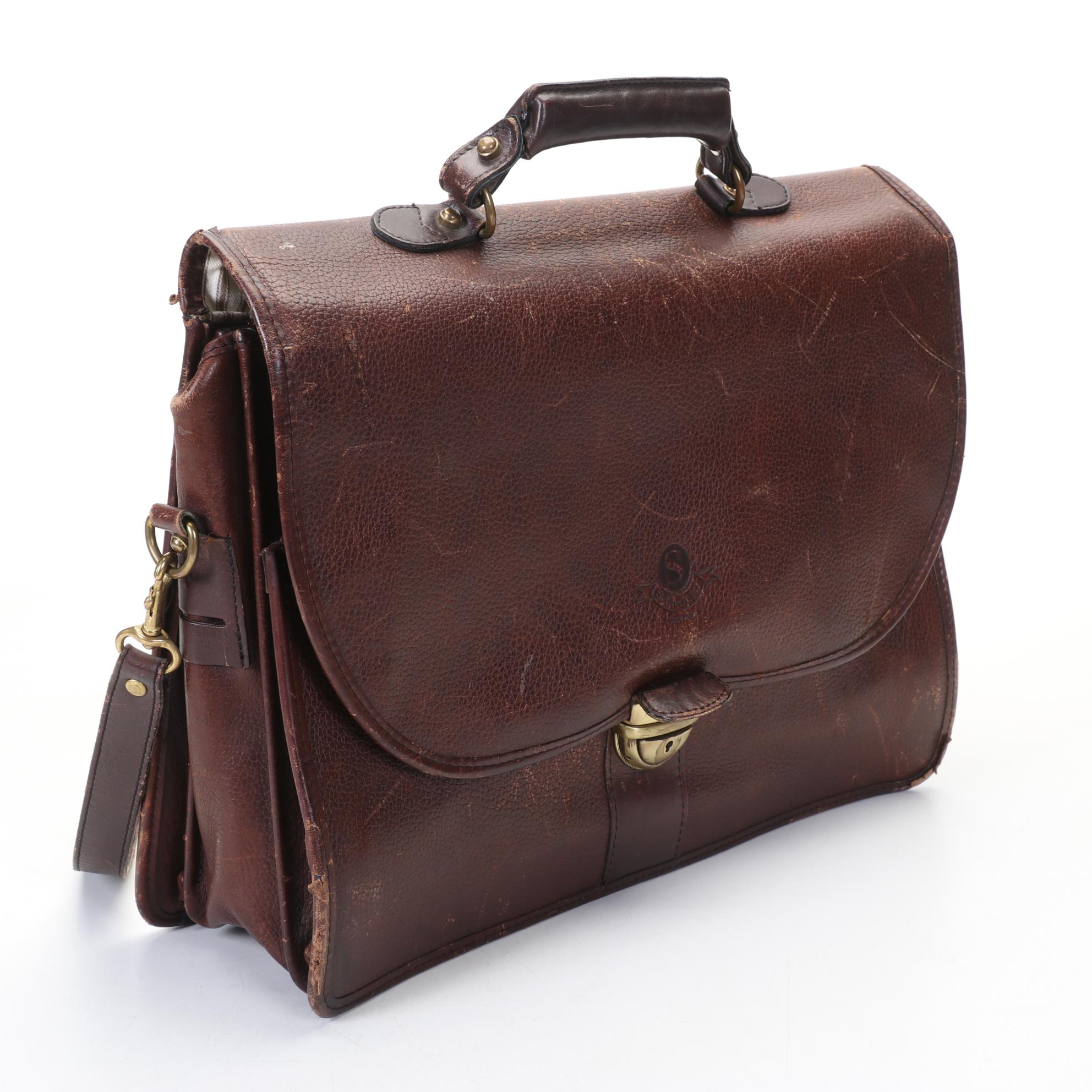Schlesinger Brown Pebbled Leather Briefcase, Mid to Late 20th Century