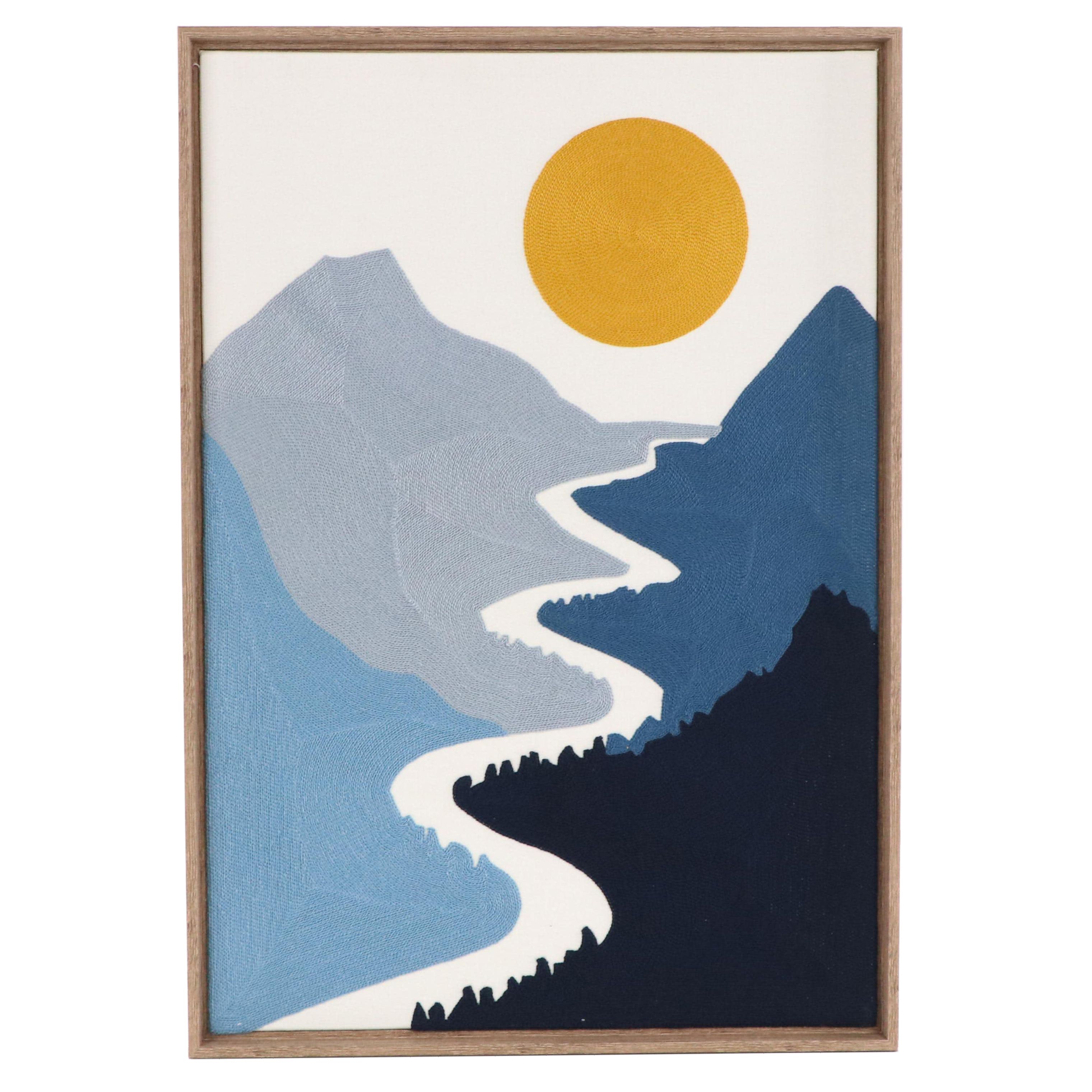Chain Stitch Embroidery Landscape Textile Art in Frame