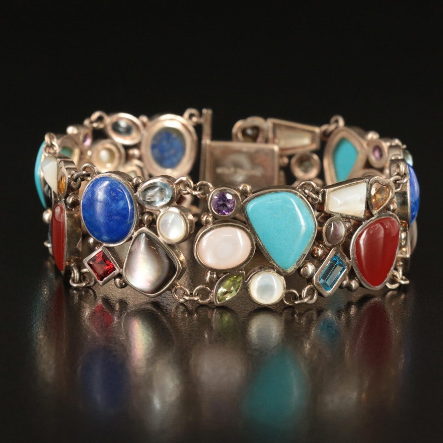 Sterling Lapis Lazuli, Turquoise and Gemstone Panel Bracelet