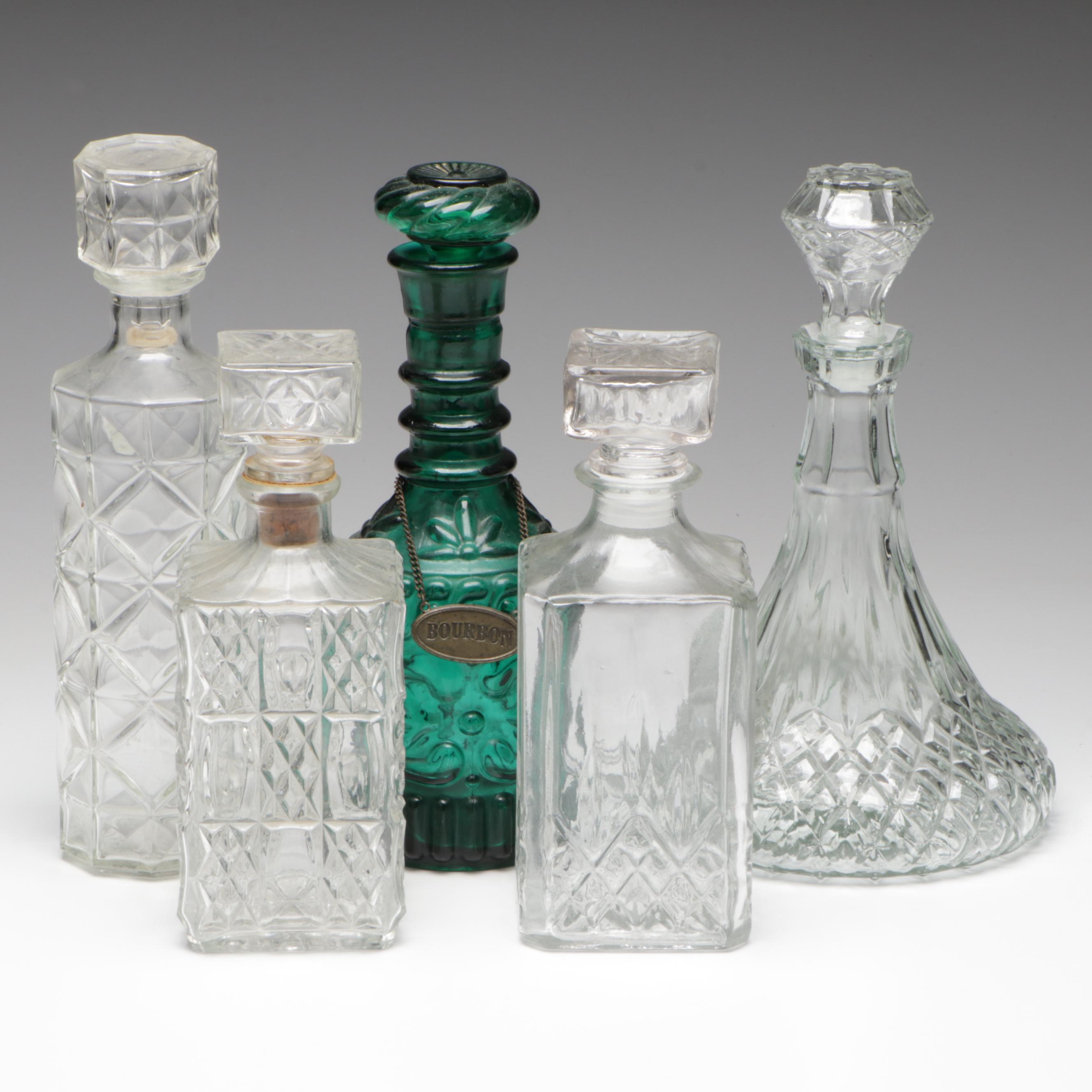 Embossed Green Glass Jim Beam Liquor Bottle with Other Pressed Glass Decanters