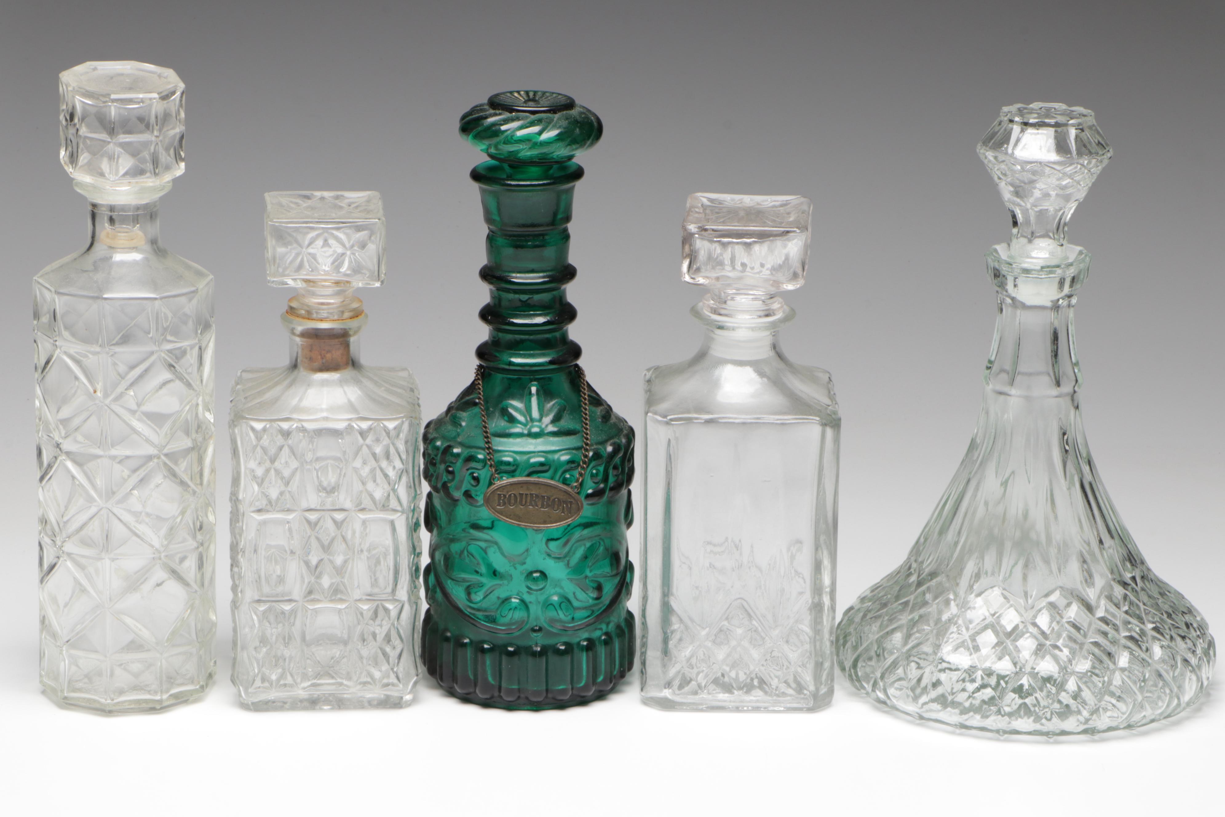 Embossed Green Glass Jim Beam Liquor Bottle with Other Pressed Glass Decanters