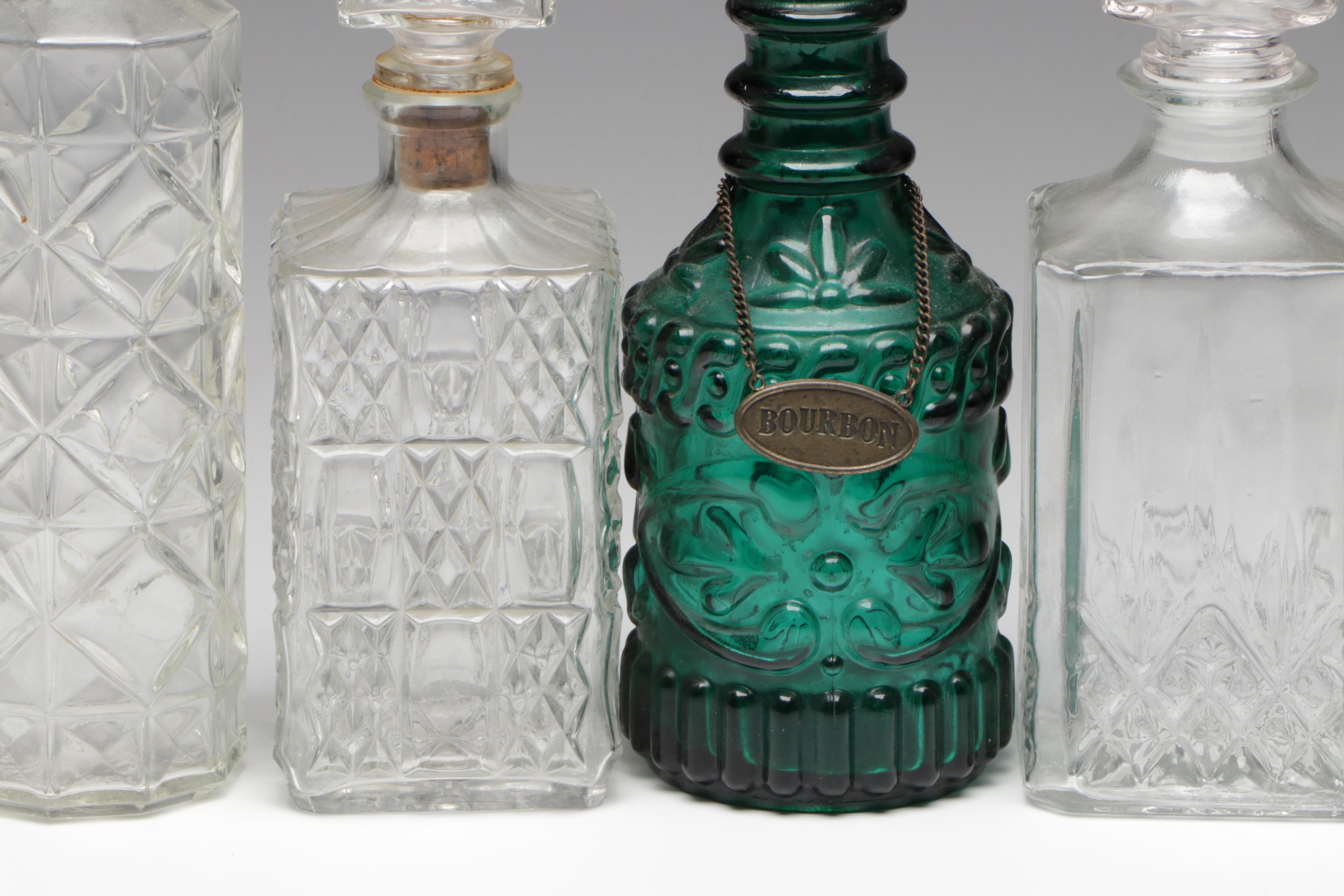 Embossed Green Glass Jim Beam Liquor Bottle with Other Pressed Glass Decanters