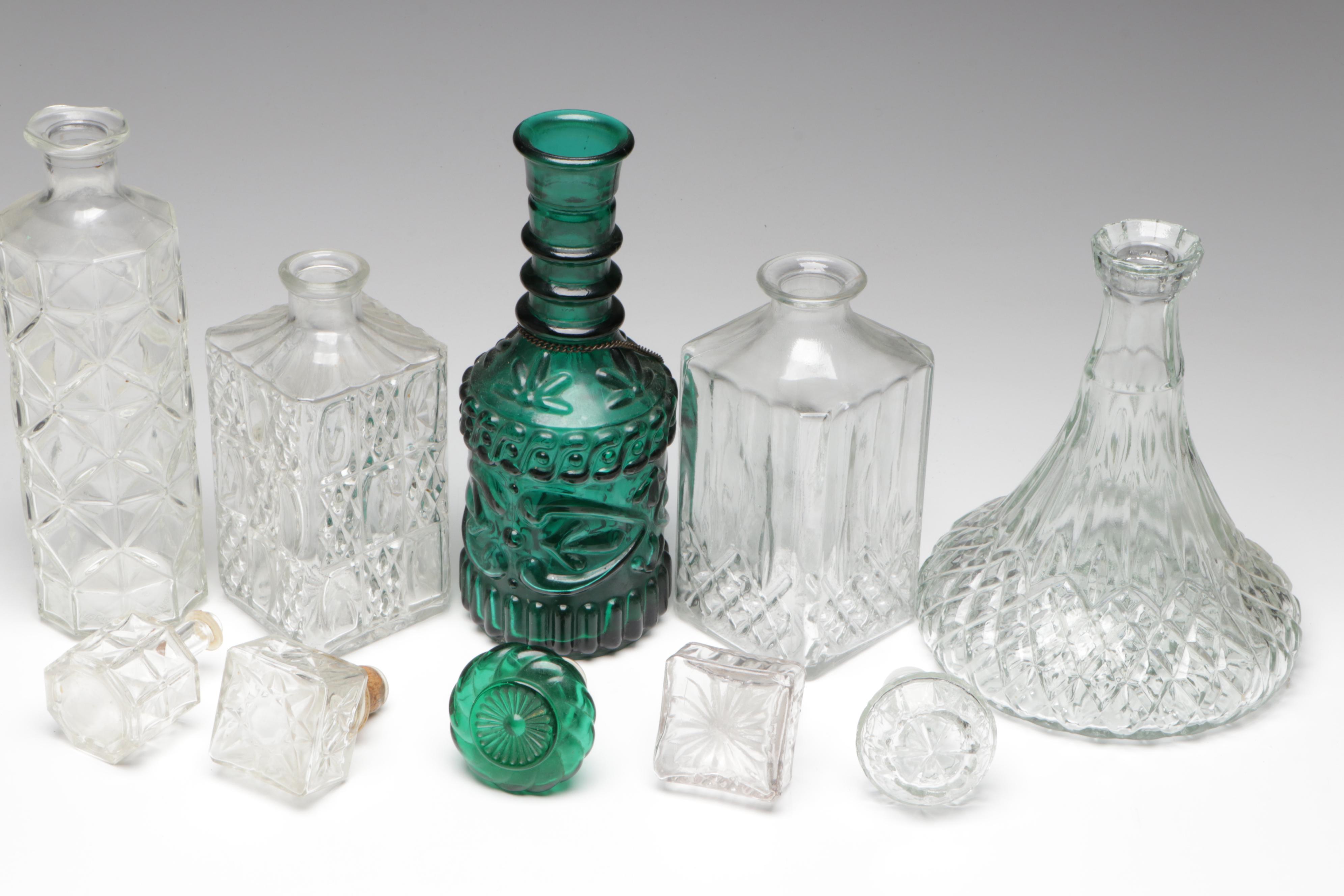 Embossed Green Glass Jim Beam Liquor Bottle with Other Pressed Glass Decanters