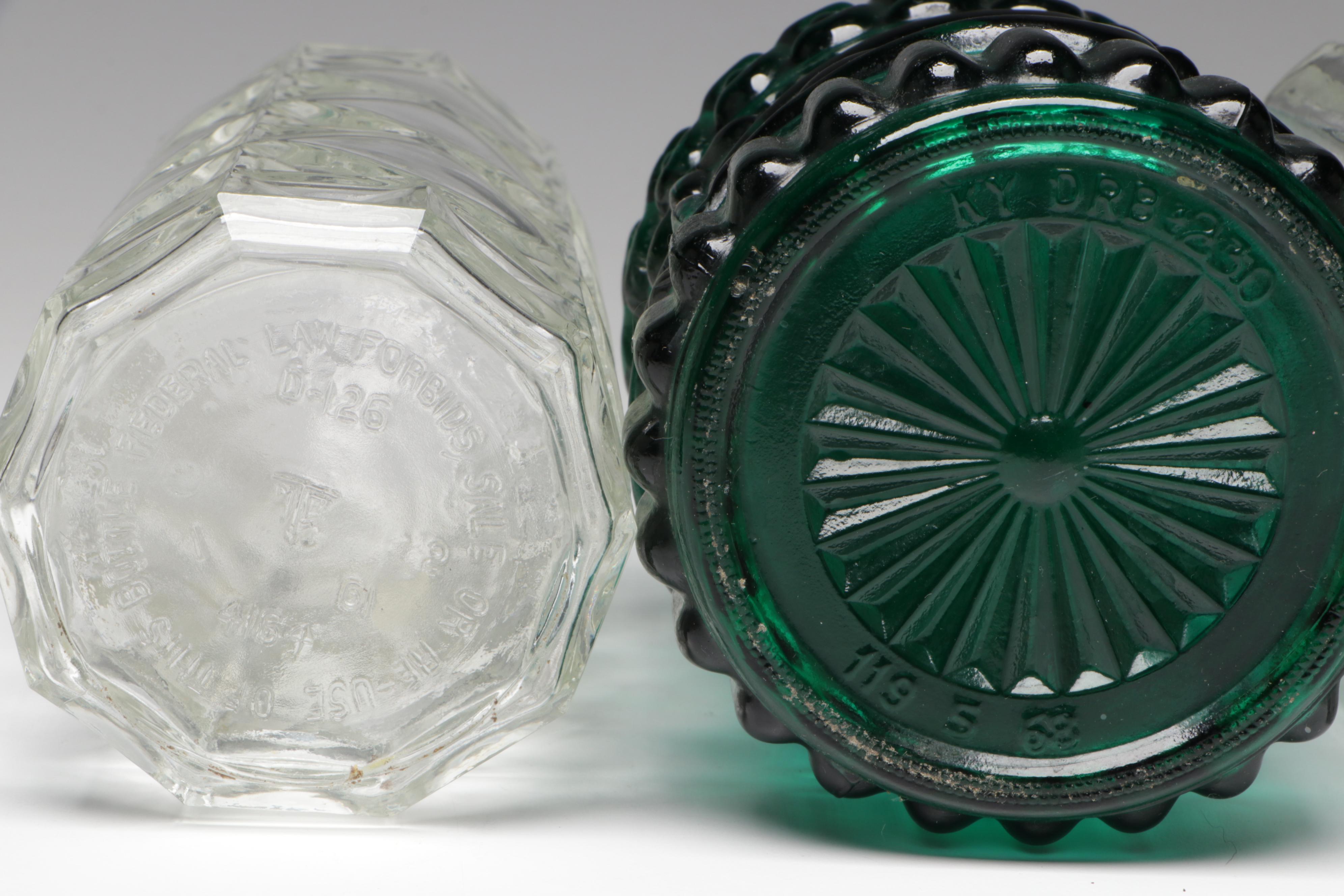 Embossed Green Glass Jim Beam Liquor Bottle with Other Pressed Glass Decanters