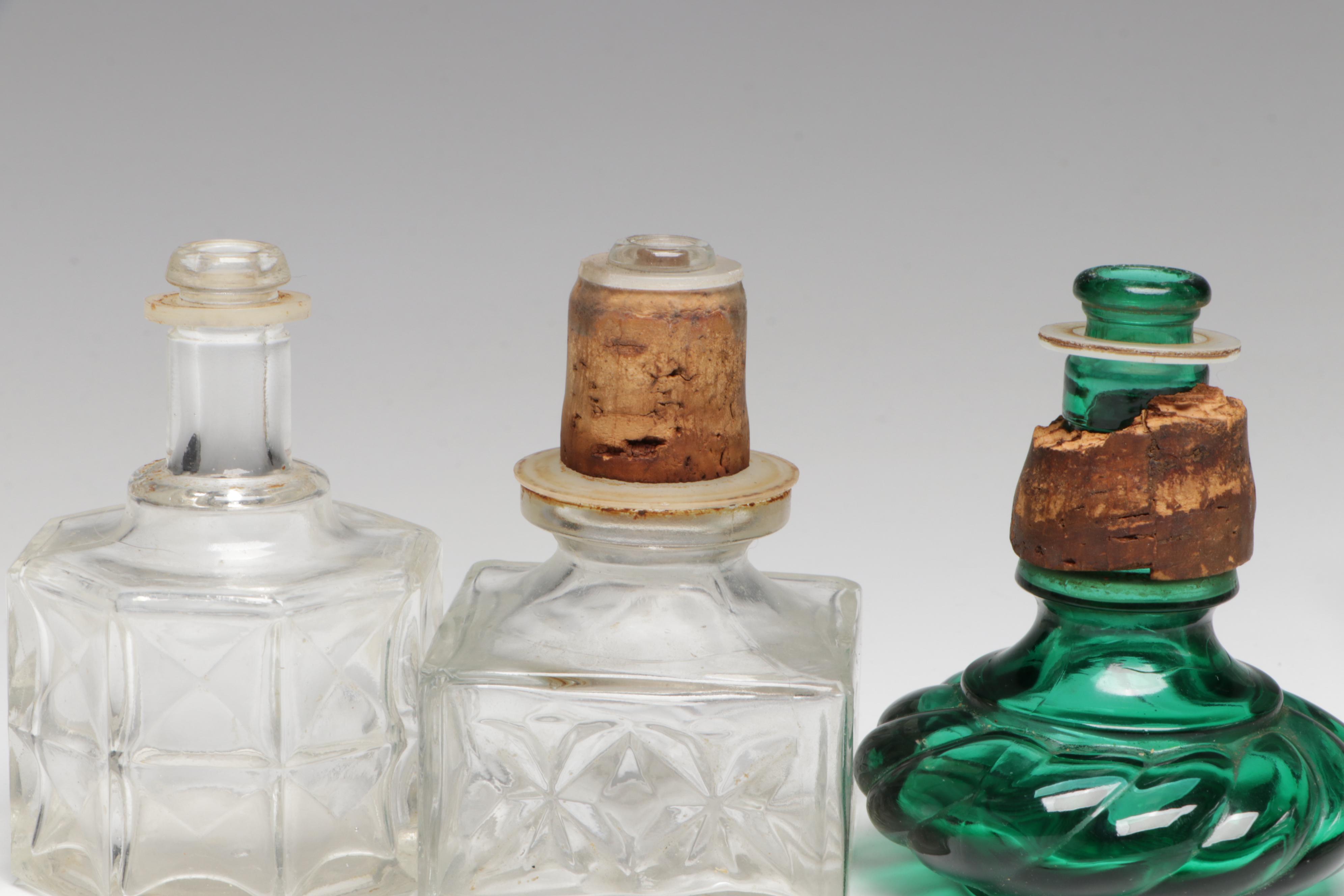 Embossed Green Glass Jim Beam Liquor Bottle with Other Pressed Glass Decanters