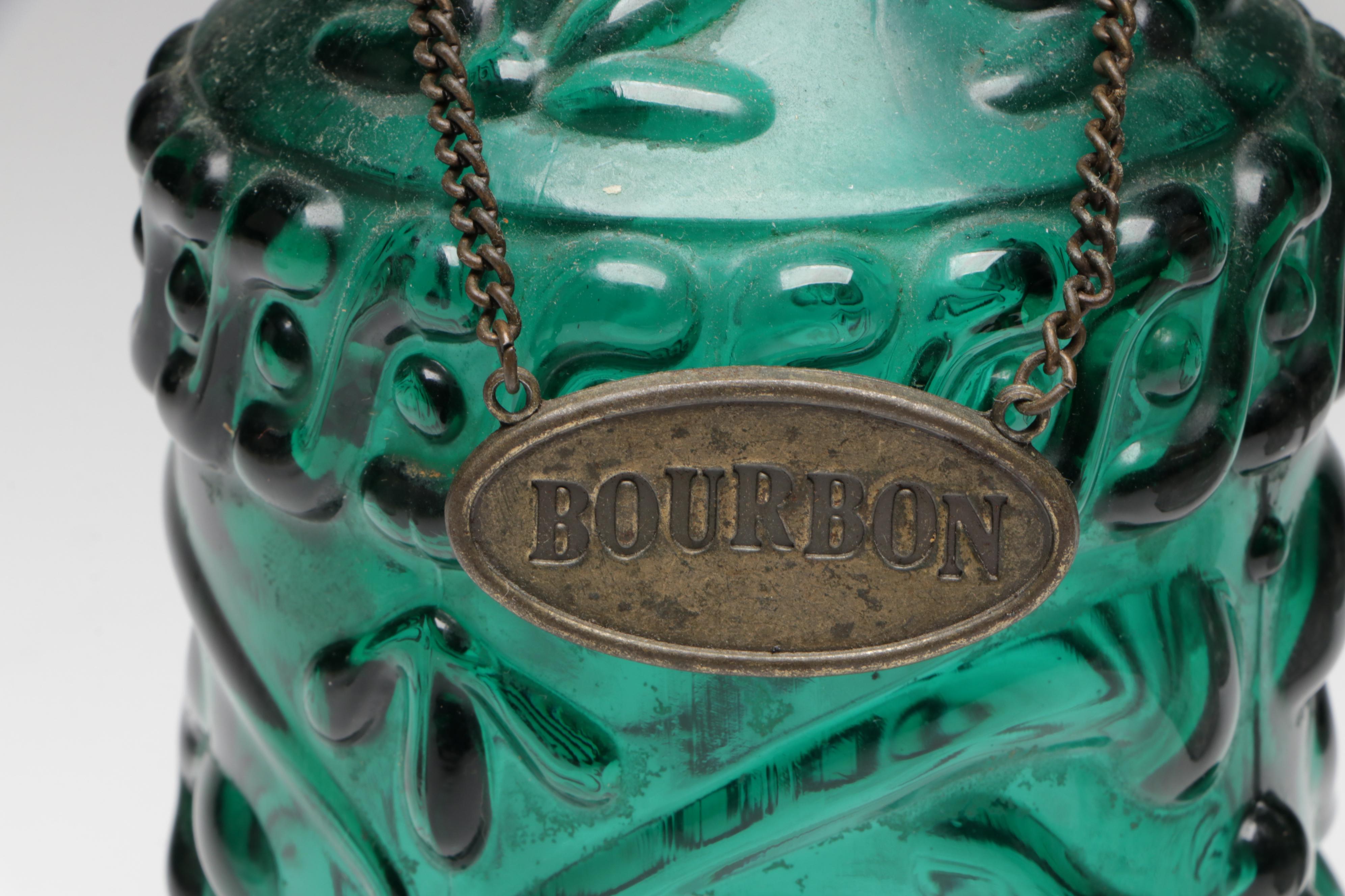 Embossed Green Glass Jim Beam Liquor Bottle with Other Pressed Glass Decanters