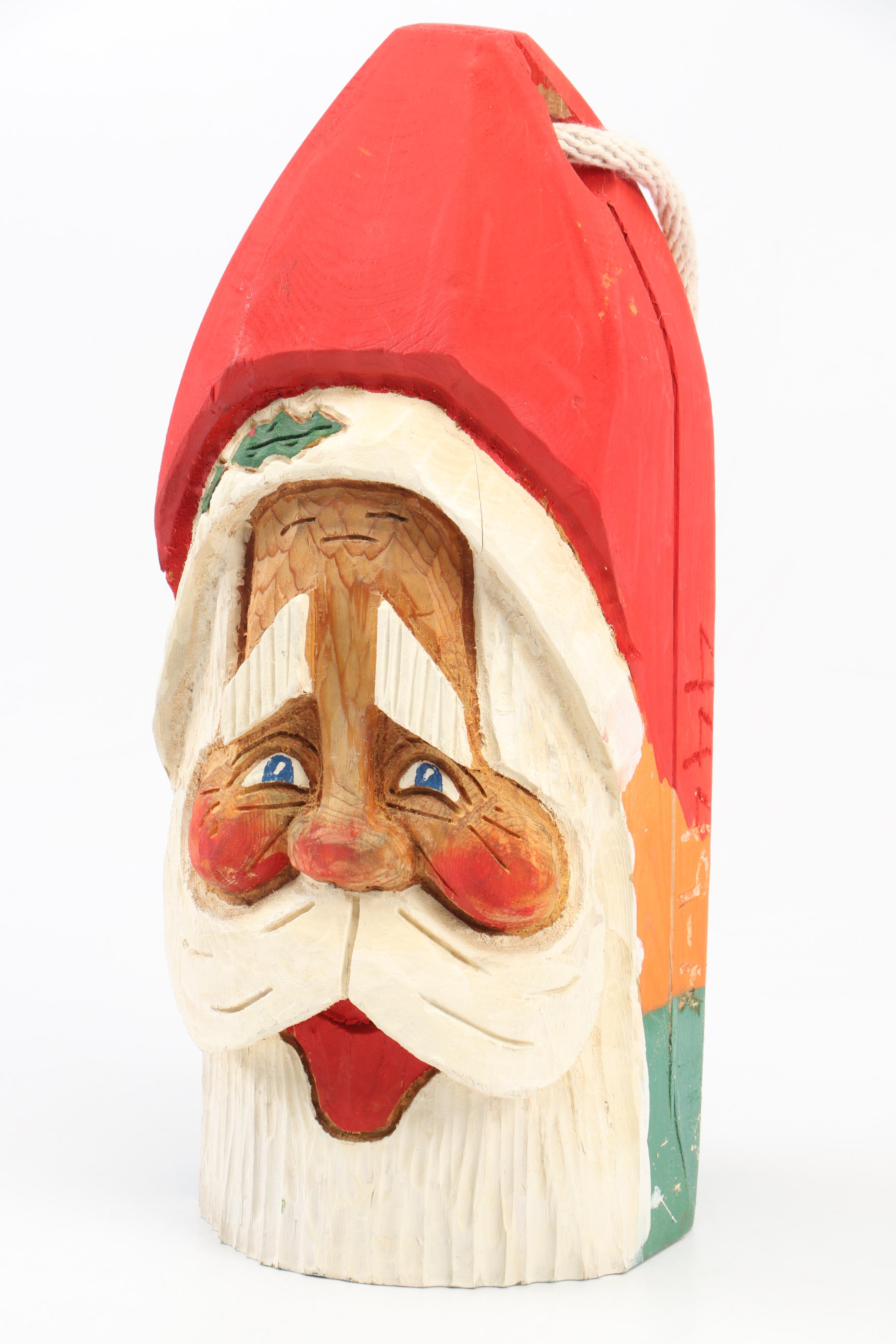Brian Hall Hand-Painted Wood Santa Head Statue