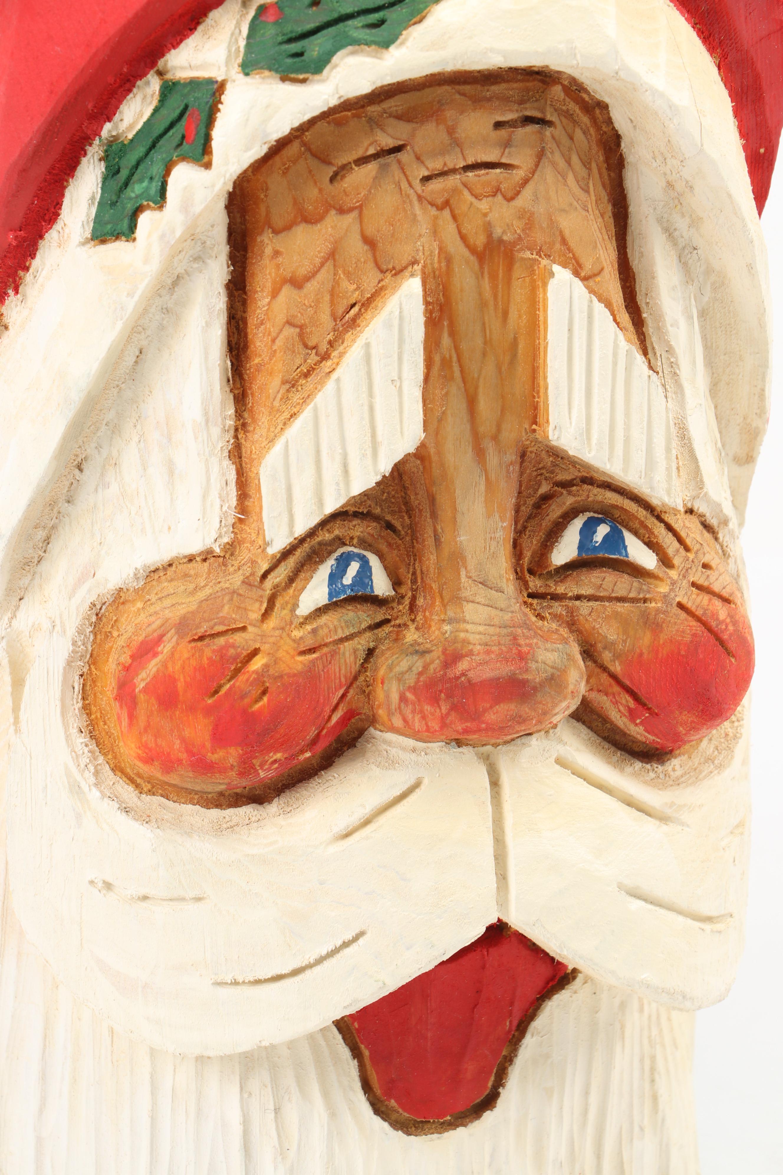 Brian Hall Hand-Painted Wood Santa Head Statue