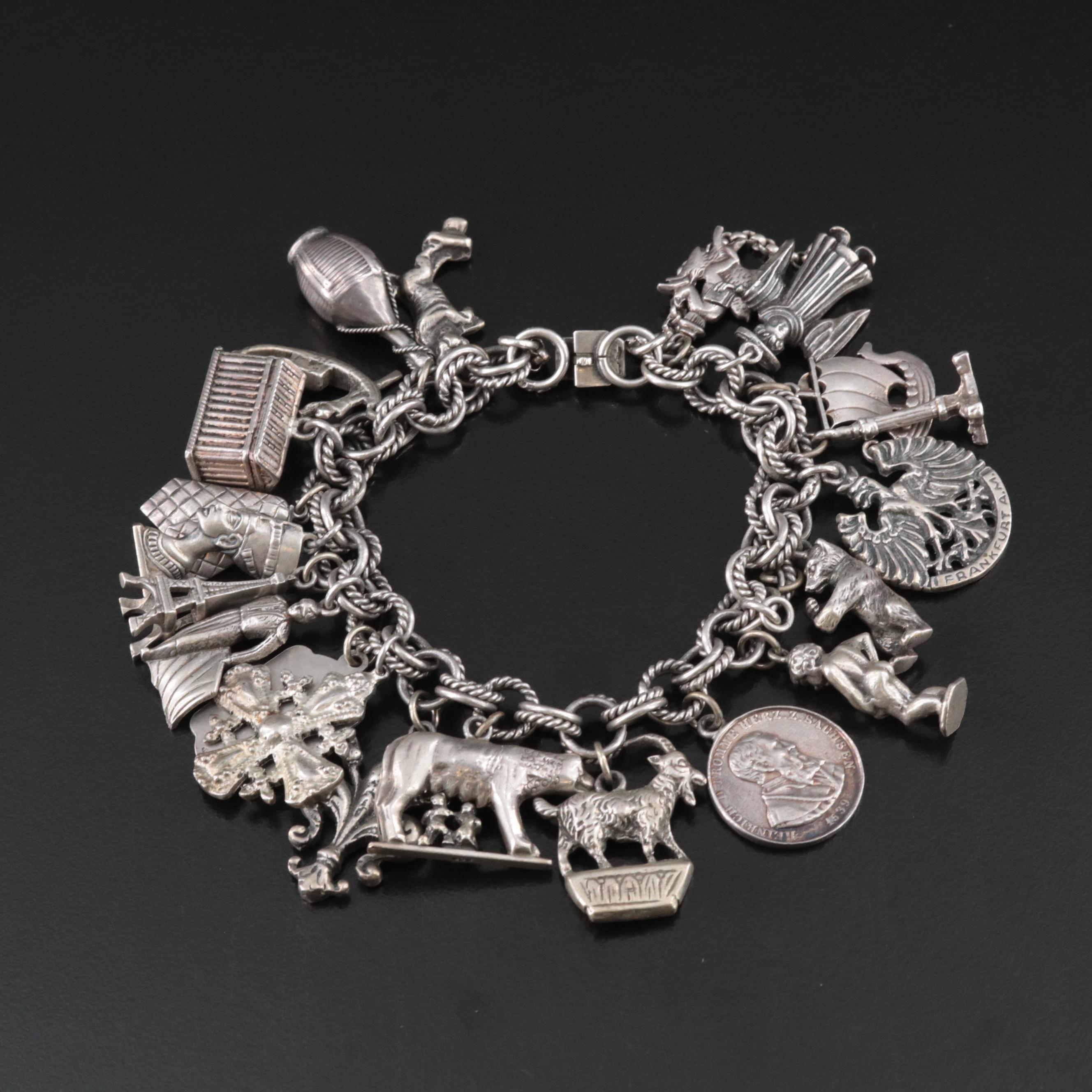 Vintage Travel Charm Bracelet Featuring 800 Silver